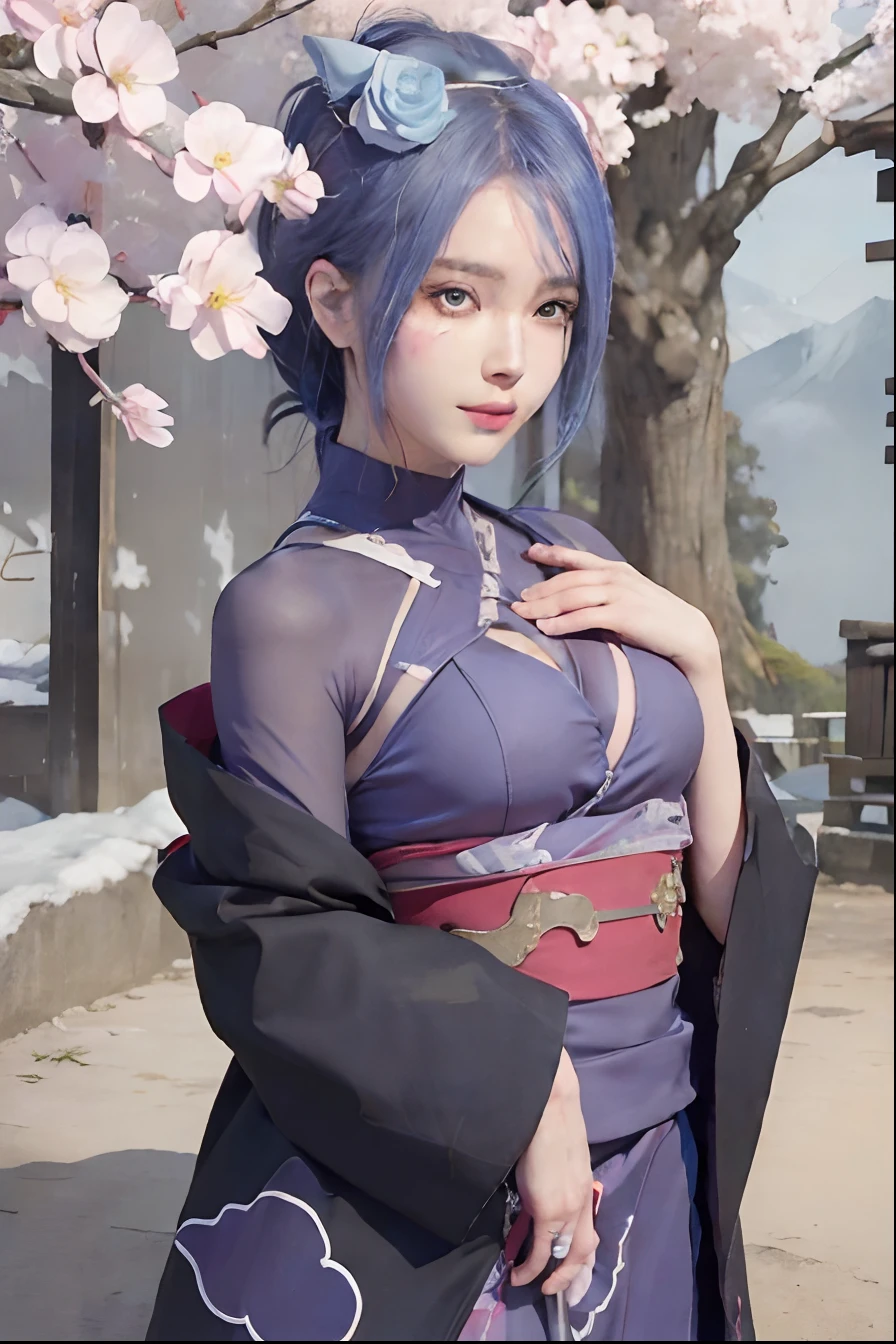 1girl, (8k, RAW photo, best quality, masterpiece:1.2), (ultra highres:1.0),detailed illustration, (real person,fashion photography portrait,photograph), detailed, detailed beautiful skin, (realistic, photo-realistic:1.37), konan akatsukiNS, solo, professional lighting, black dress), village, east asian architecture, trees, village hidden in the leaves background,looking_at_viewer, smile,blue hair,blue eyes,mitain,toeless footwear,kunai,facial mark,konohagakure symbol,fighting_stance,fence,ninja,adjusting gloves,sleeveless,cleavage, big breasts