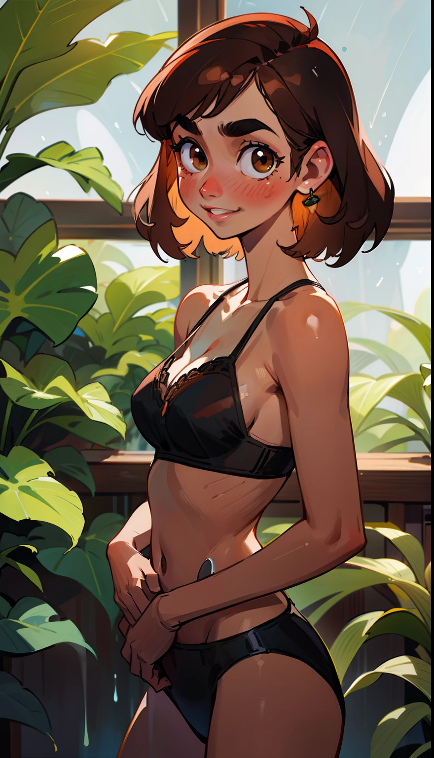 Full-size adult woman, blushing, smiling, mouth, lips, ear, nose, eyebrows, large brown brown hair color, full height, light brown eyes, wearing underwear, looking at viewer, grimace on ahageo-shaped face, underwear black, black bra, white skin color, background scenery, in the window, plants around, on the sides, living environment, leaves flying, raining heavily, water