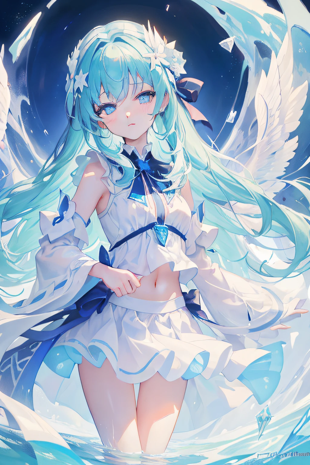 (((masterpiece))),best quality, illustration,(beautiful detailed girl),beautiful detailed glow,detailed ice,beautiful detailed water,(beautiful detailed eyes),expressionless,beautiful detailed white gloves, (floating palaces:1.2),azure hair,disheveled hair,long bangs, hairs between eyes, (skyblue dress),black ribbon,white bowties,midriff,{{{half closed eyes}}},,big forhead,blank stare,flower,large top sleeves,(((ice crystal texture wings))),{{{{{{{{Iridescence and rainbow hair:2.5}}}}}}},{{{{{{detailed cute anime face}}}}}},{{loli}},{{{{{watercolor_(medium)}}}},(((masterpiece)))