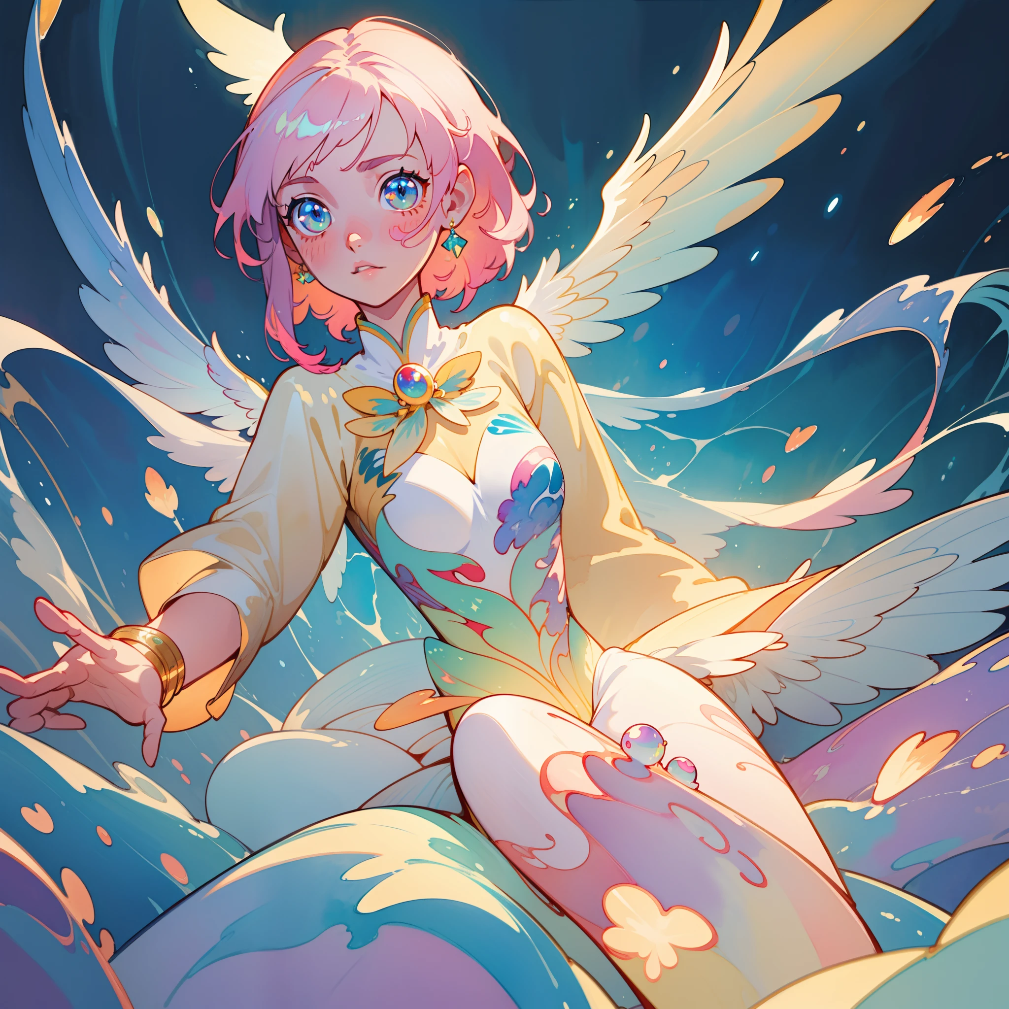 masterpiece, best quality, sharp focus, 8k, intricately detailed environment, anime, watercolor illustration, colorful, bright colors, whimsical, glowing lights, liquid otherworldly, fairy lights, beautiful girl in flowing liquid glowing dress, perfect face, golden ratio, sparkling eyes, watercolor, liquid light, angel wings