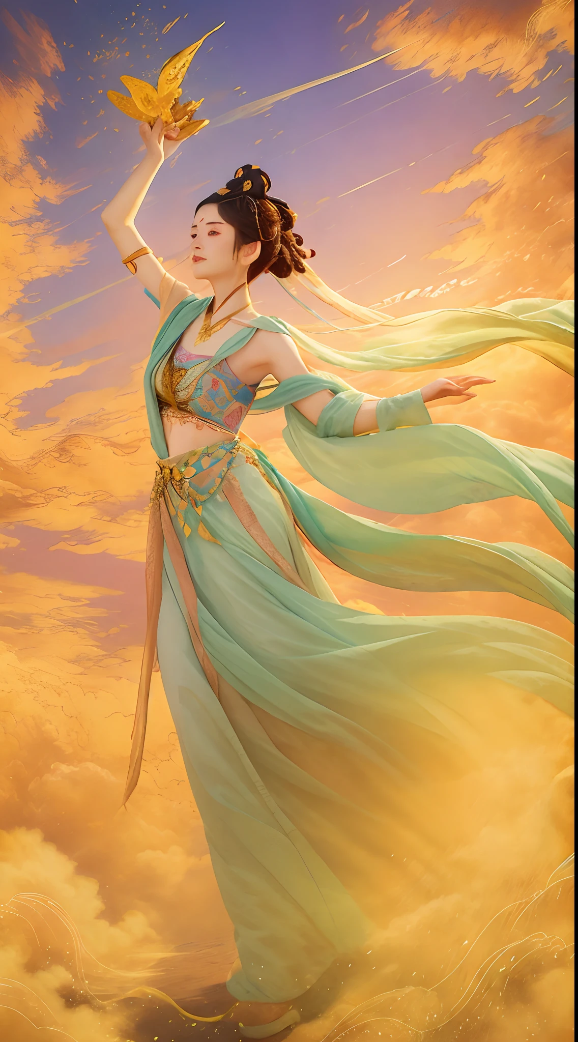 Dunhuang art，Flying chart，1girll，Girl with a smooth and dynamic posture，Wearing a loose and flowing dress，The expression is mysterious，frizzy hair，fly in sky。Colored clouds，hoang lap，intricately details，tmasterpiece，best qualtiy，A high resolution，8K），wide wide shot，