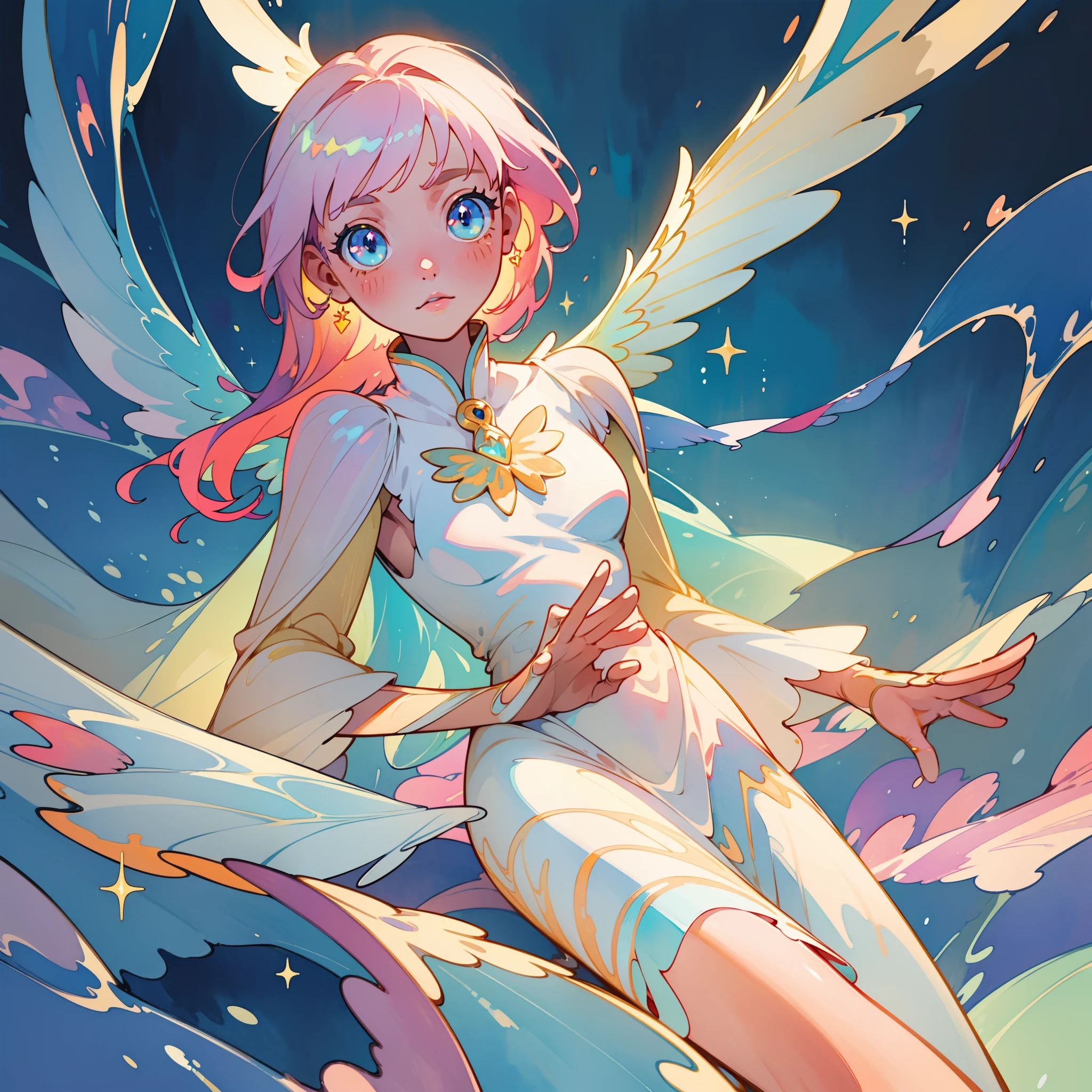 masterpiece, best quality, sharp focus, 8k, intricately detailed environment, anime, watercolor illustration, colorful, bright colors, whimsical, glowing lights, liquid otherworldly, fairy lights, beautiful girl in flowing liquid glowing dress, perfect face, golden ratio, sparkling eyes, watercolor, liquid light, angel wings