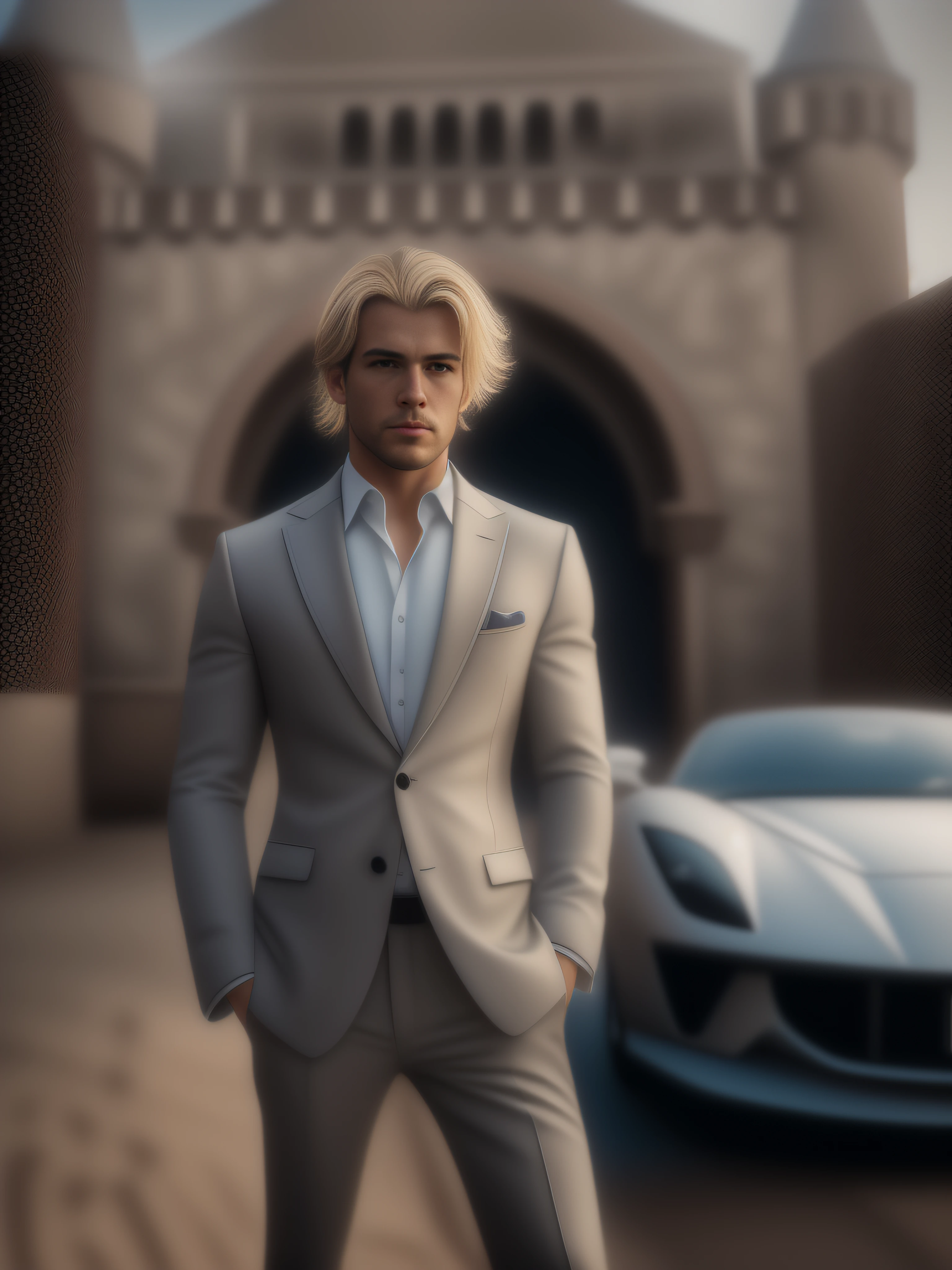full shot,(symmetry),centered,a real man brutal blond athletic build, against the backdrop of a medieval castle and a ferrari car in front of the front door,a very thin white man with short hair,wearing a classic three-piece suit,35mm,natural skin,clothes detail, 8k texture, 8k, insane details, intricate details, hyperdetailedhighly detailed,realistic,soft cinematic light,HDR,sharp focus, ((((cinematic look)))),intricate, elegant, highly detailed,Jerry Gionis style ,hyperphotorealism