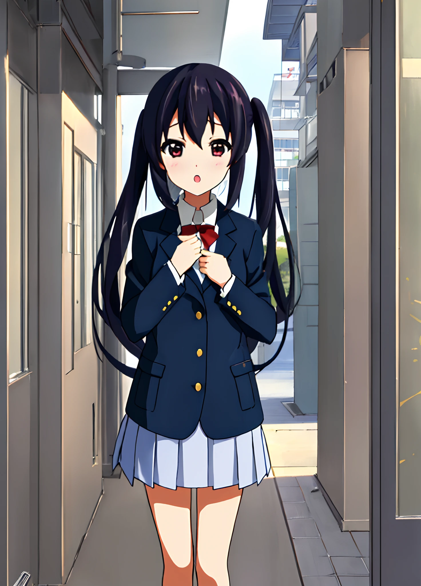 1girl, (((​masterpiece))), top-quality, top-quality, High Details, nakano azusa, 1girl, Sakuragaoka High School Uniform, student clothes, Twin-tailed, length hair, A dark-haired, brown-eyed, 独奏, reddish, Dark blue blazer with thin red ribbon, Solid white buttoned shirt under blazer, illustratio, comic strip, soothing tones, Subdued Color, Soft cinematic light, adobe lightroom, photolab, HDR, intricately and hyper-detailed、(((depth of fields))))。(((​masterpiece)))。(((top-quality))).)((ultra-detailliert)))。(((illustratio)))。(((takeout))).dynamic focus.big breasts.(((Skyscrapers))).(((A city scape))).(((Face of sadness))). open mouth.(((put hands on the hip))).(((up chest))).((evening glow)).((the setting sun)).
