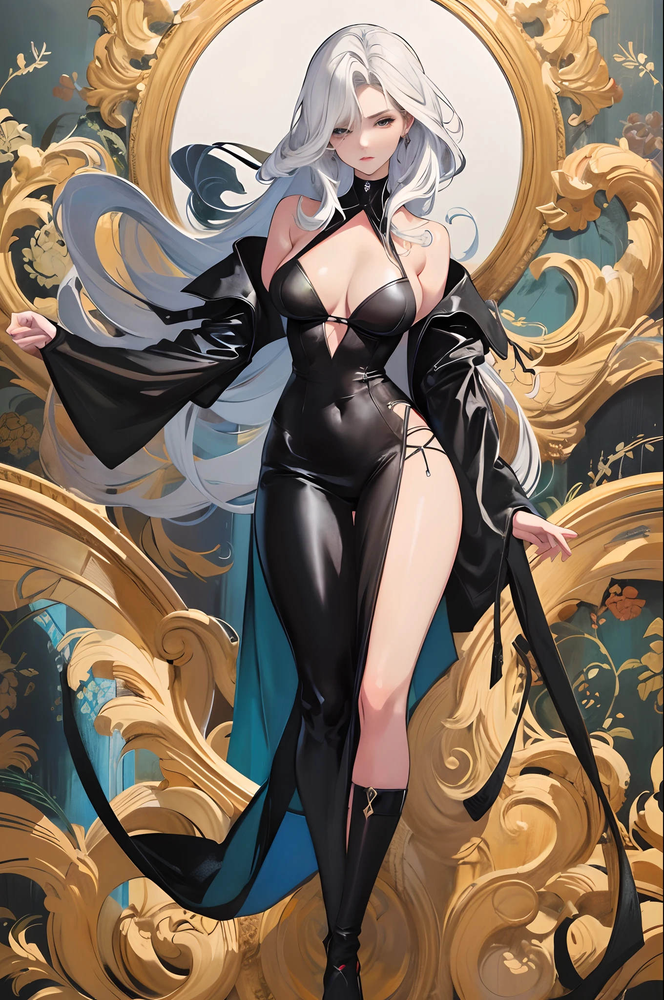 Illustration art, painting art,Full body like, Whole body movement, Sexy woman in sexy clothes, Female boss, Very cool facial expression, Gorgeous background, Great sexy art, painting art, Sexy art, Detailed body part details,Inspired by J.c.Ryan Decker, Epic European and American illustrations, Tall, The whole body is evenly sexy