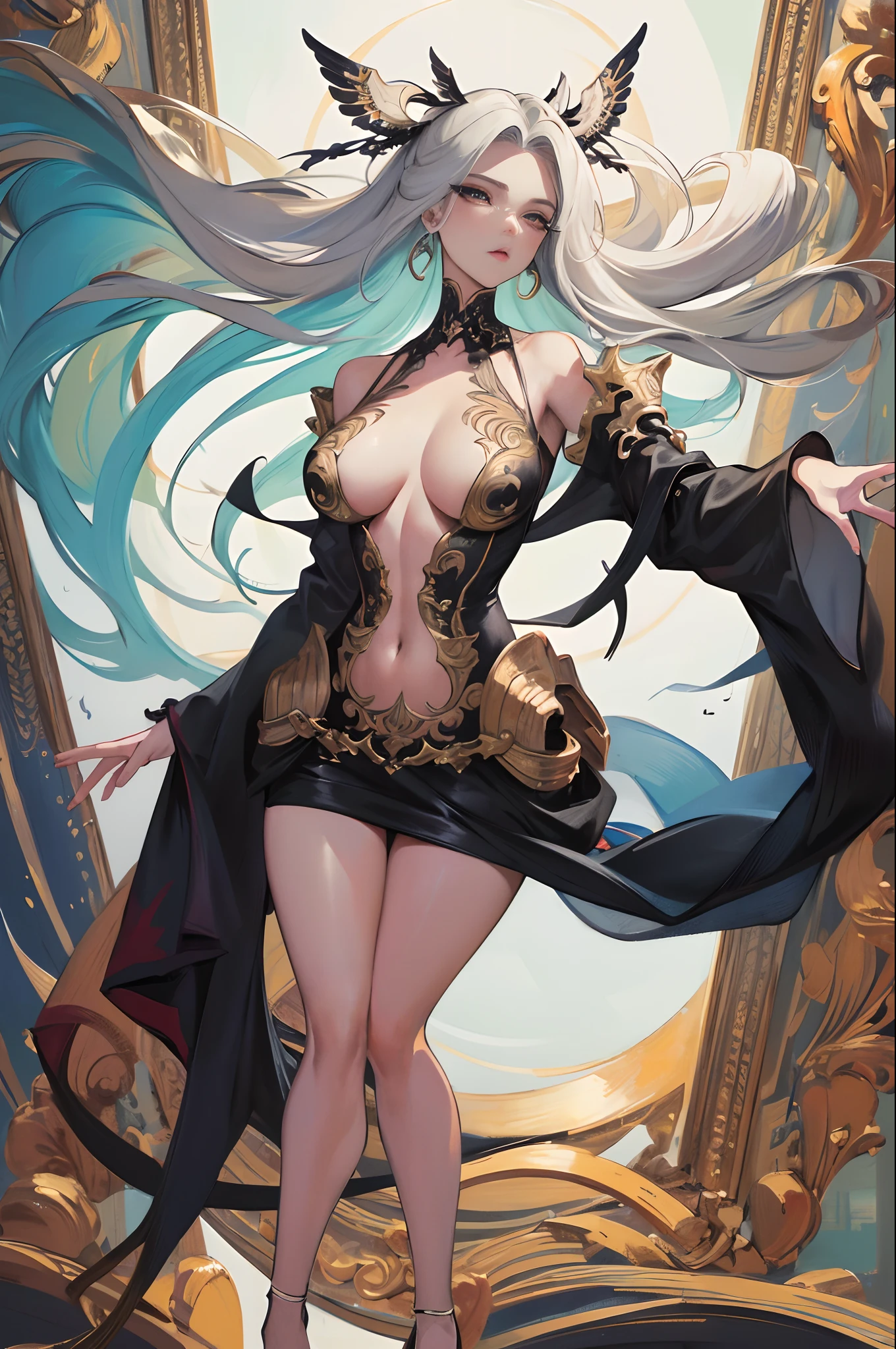 Illustration art, painting art,Full body like， Whole body movement, Sexy woman in sexy clothes, Female boss, Very cool facial expression, Gorgeous background, Great sexy art, painting art, Sexy art, Detailed body part details,Inspired by J.c.Ryan Decker, Epic European and American illustrations, Tall, The whole body is evenly sexy