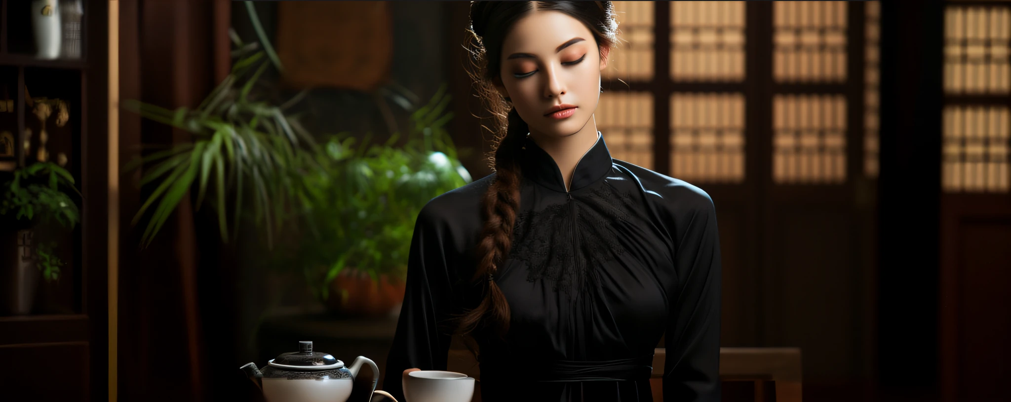 Arad woman in black dress holding a cup of coffee, ao dai, portrait shooting, in style of lam manh, Cheongsam, inspired by Gu An, vietnamese woman, an elegant woman in black dress, with acient chinese clothes, wearing black silk robe, Chinese woman, Traditional beauty, Beautiful oriental woman, wearing ornate silk clothes