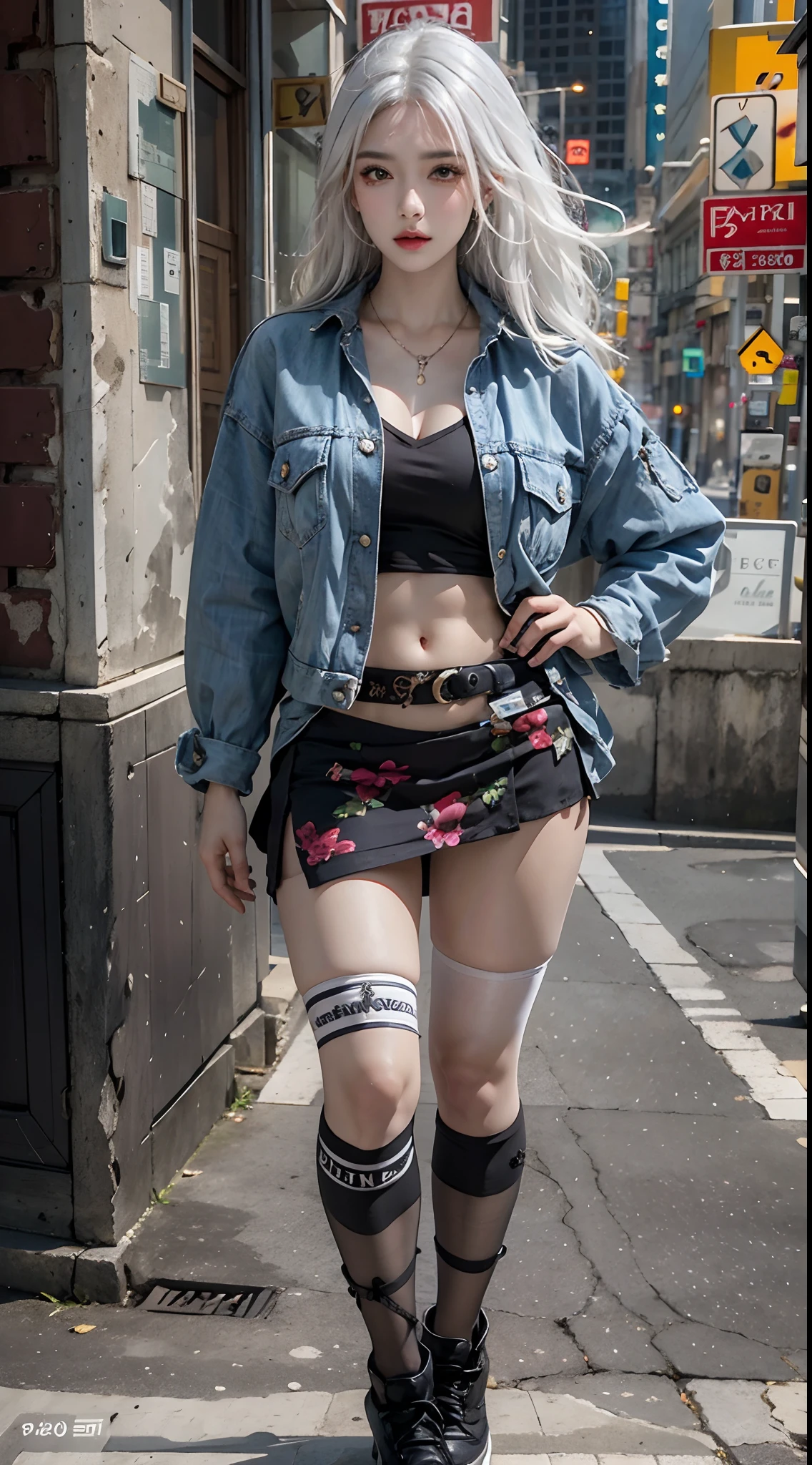 photorealistic, high resolution, 1women, solo, hips up, look at viewer, (detailed face), white hair, street wear, skirt, thighhighs, tattoo, jewelry