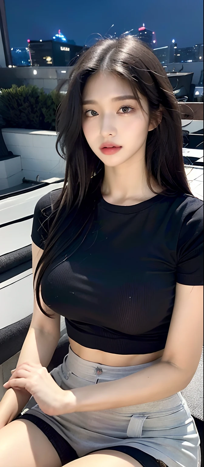 ((Best quality, 8k, Masterpiece :1.3)), Sharp focus, upper body:1.2, A pretty woman with perfect figure :1.4, Slender abs :1.1, ((Medium hair, layered hairstyles, black hair)), (t-shirt, jean shorts skirt, sitting), ((rooftop, midnight:1.3)), Highly detailed face and skin texture, Detailed eyes, Double eyelid,
