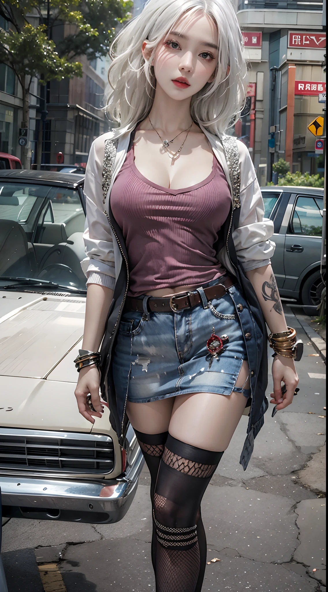 photorealistic, high resolution, 1women, solo, hips up, look at viewer, (detailed face), white hair, street wear, skirt, thighhighs, tattoo, jewelry