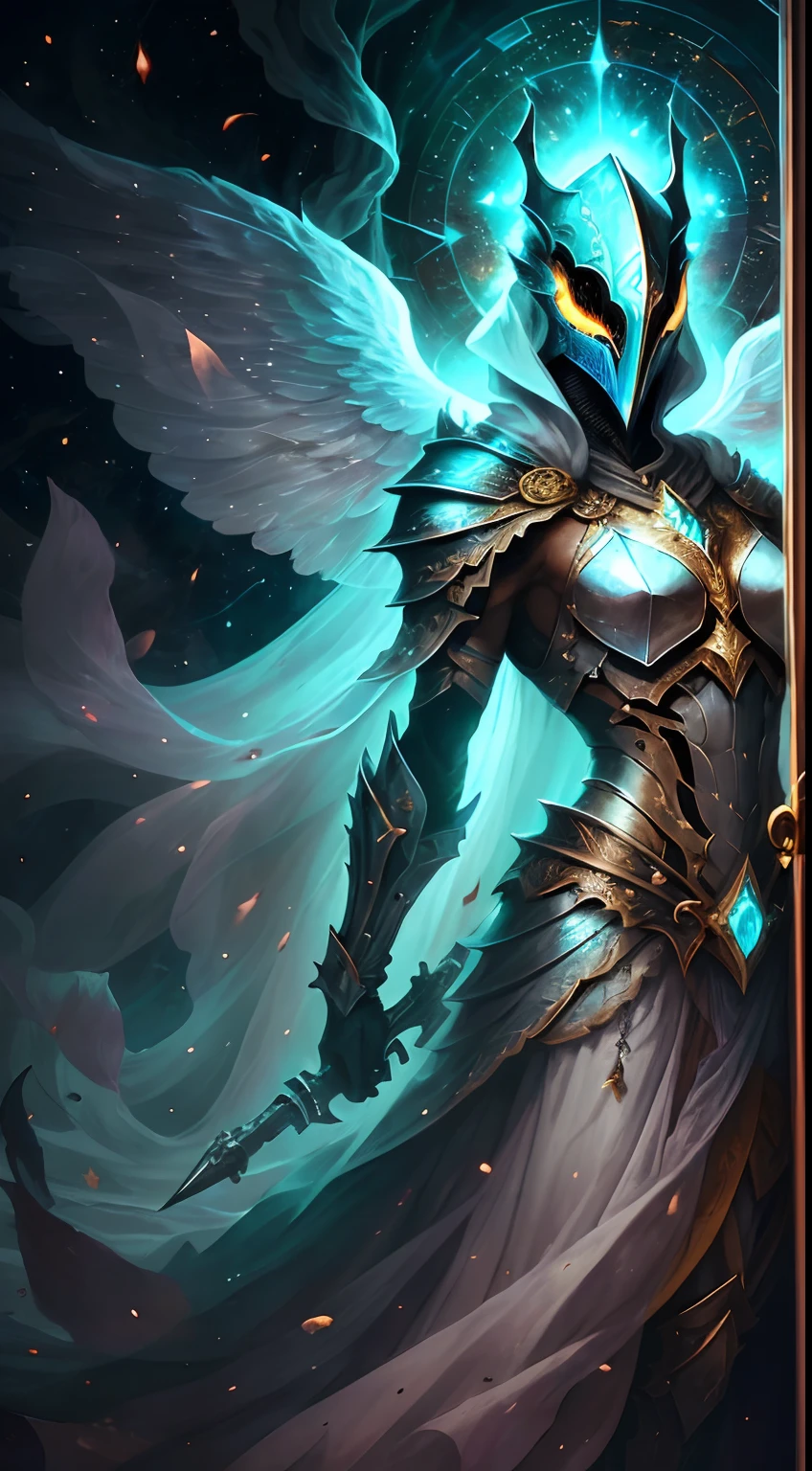 Striking illustration of the guardian of light, A celestial and ethereal figure that guards the threshold of light. His presence is splendid and powerful., con alas inmensas que se extienden hacia el horizonte y una mirada penetrante que transmite serenidad y respeto.espada.en la mano reluciente, armadura resplandeciente,in the background He uses cool tones and deep shadows to emphasize his ethereal nature and his connection to the realm of death..........(divine lighting), ( divine lighting),(celestial lighting)