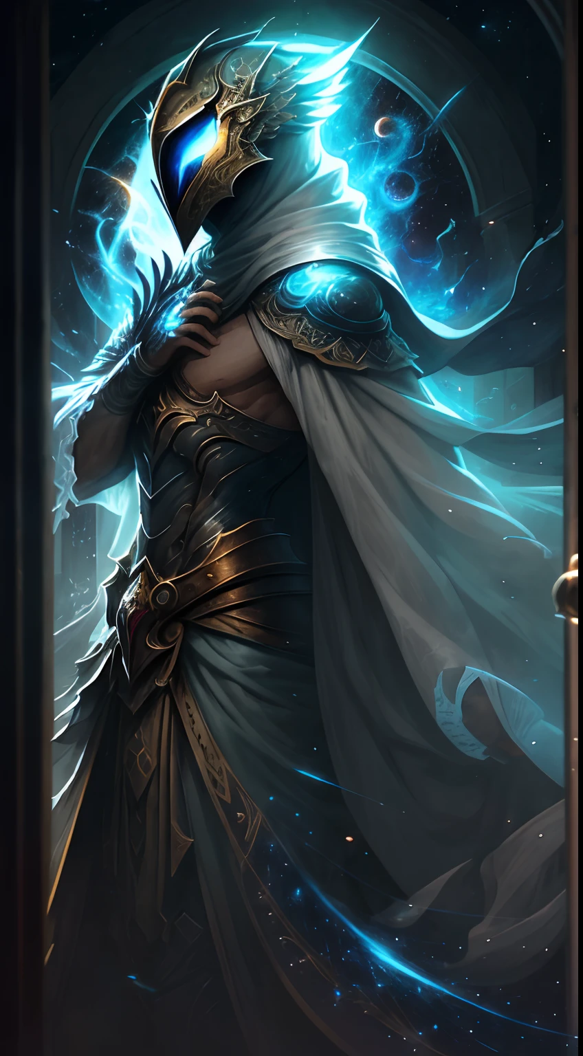 Striking illustration of the guardian of light, A celestial and ethereal figure that guards the threshold of light. His presence is splendid and powerful., con alas inmensas que se extienden hacia el horizonte y una mirada penetrante que transmite serenidad y respeto.espada.en la mano reluciente, armadura resplandeciente,in the background He uses cool tones and deep shadows to emphasize his ethereal nature and his connection to the realm of death..........(divine lighting), ( divine lighting),(celestial lighting)