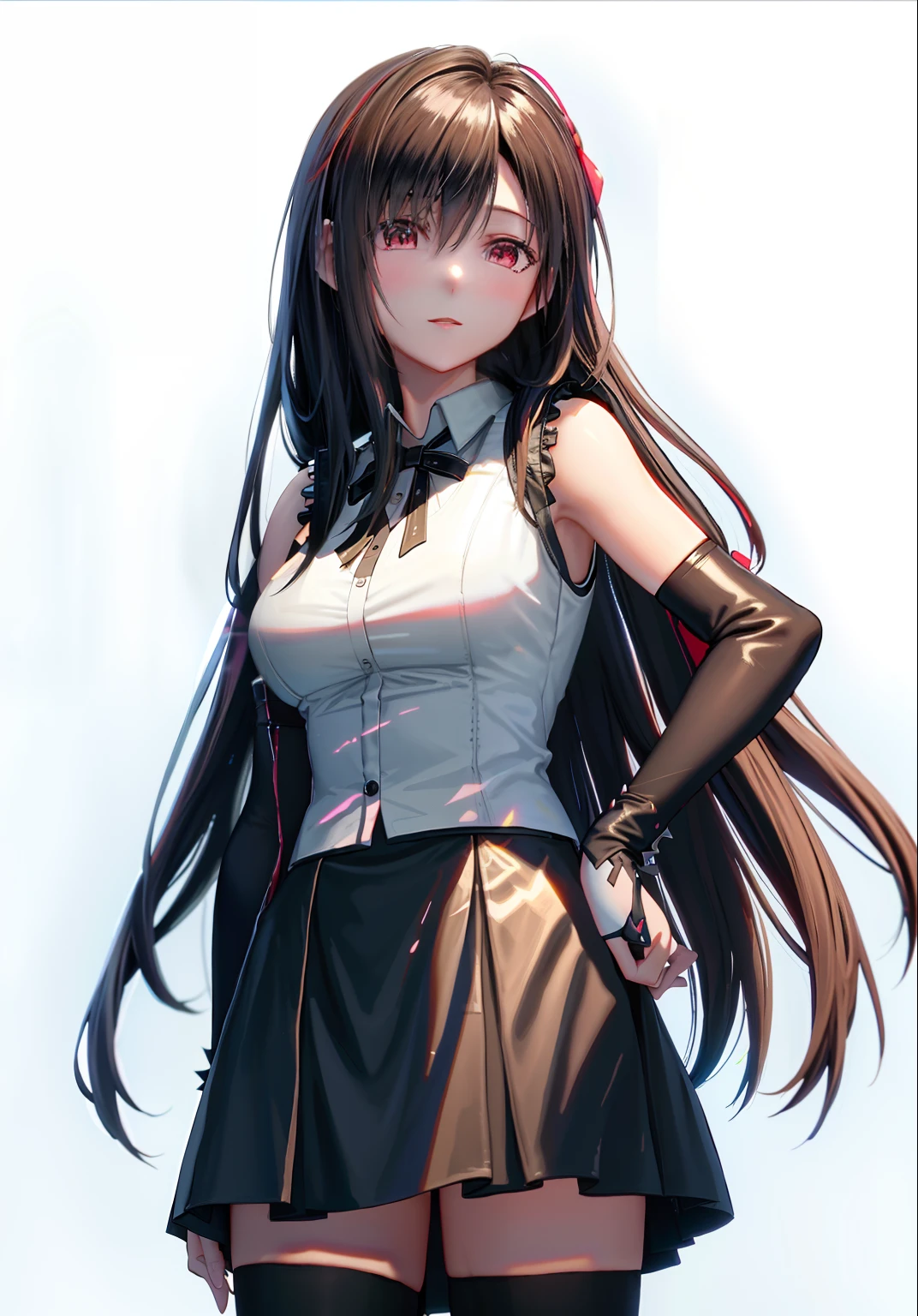 Masterpiece, Best quality,1girll, Solo, Long hair, Skirt, (Black hair:1.2),Pantyhose, Higasaka also, two sides up, shirt, Black skirt, White shirt, Church nun dress Open clothes, ribbon, Coat, Reflectors, view the viewer, White background, Blue eyes, Smile, Red coat, White vest, Long sleeves, Collared shirt, Black pantyhose, school uniform, bangs, vest, Simple background, standing, Brown hair, Closed mouth, Open coat,(kbxll:0)