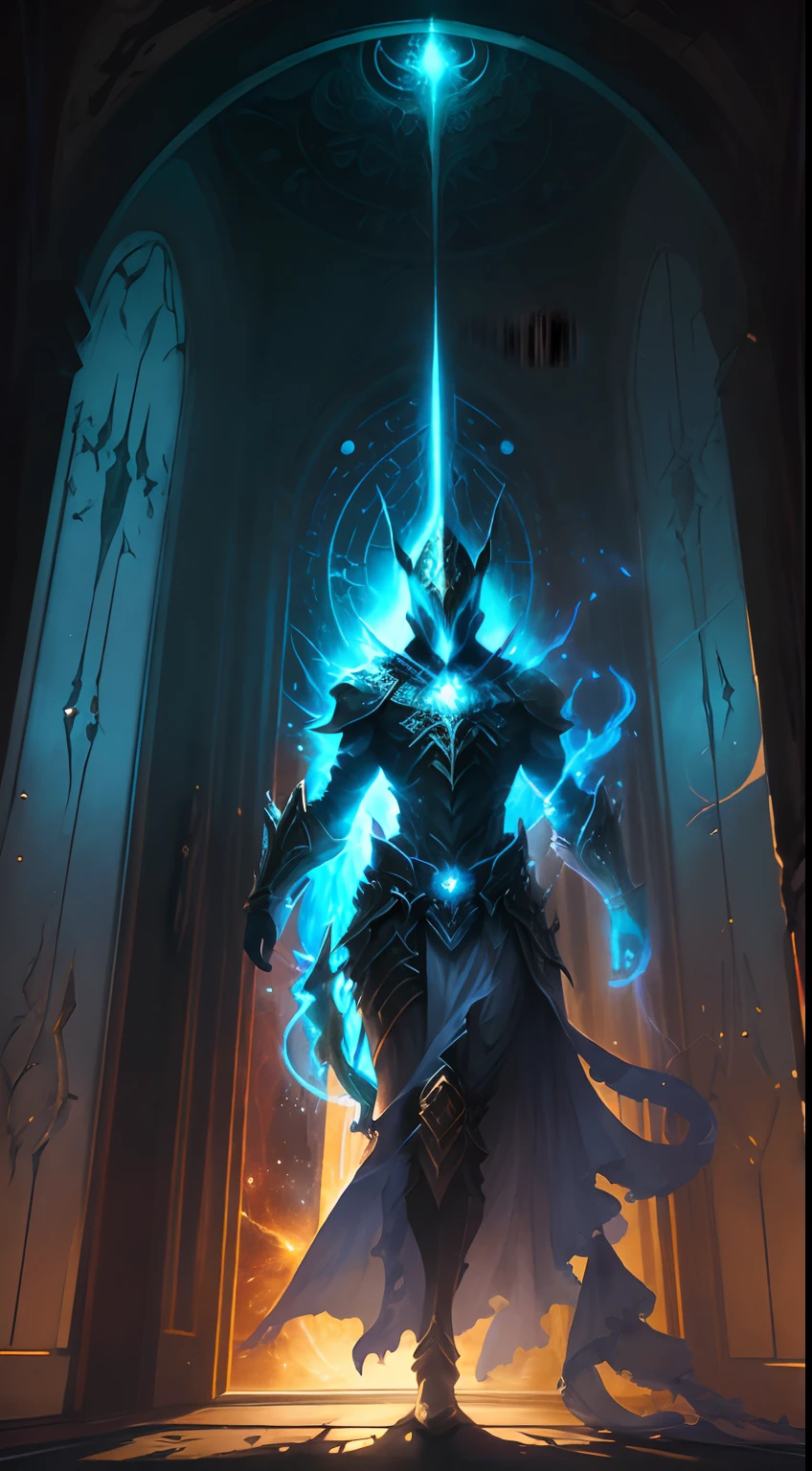 Striking illustration of the guardian of light, A celestial and ethereal figure that guards the threshold of light. His presence is splendid and powerful., con alas inmensas que se extienden hacia el horizonte y una mirada penetrante que transmite serenidad y respeto.espada.en la mano reluciente, armadura resplandeciente,in the background He uses cool tones and deep shadows to emphasize his ethereal nature and his connection to the realm of death..........(divine lighting), ( divine lighting),(celestial lighting)