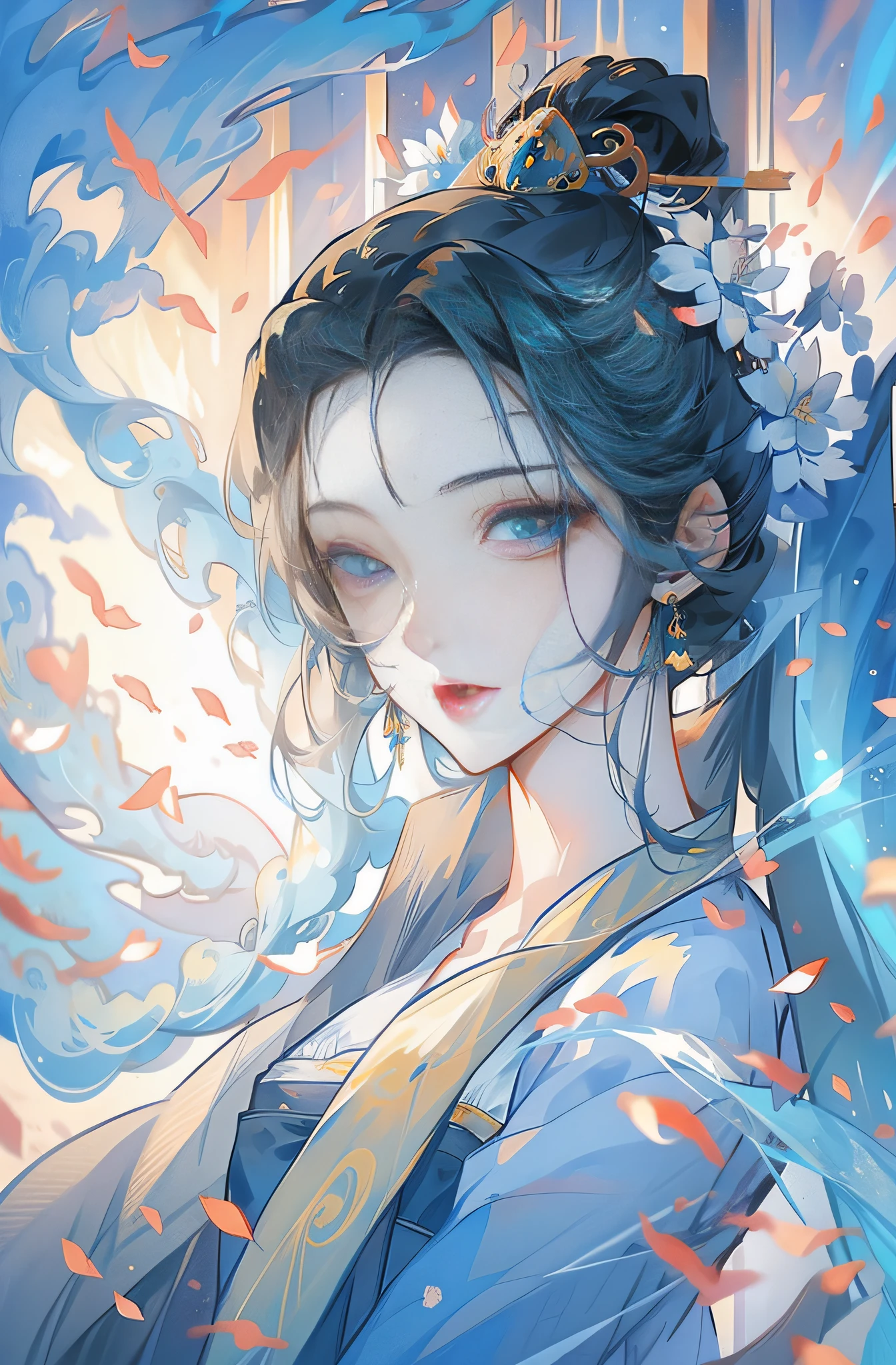 Mature girl ，Blue long hair，Floating hair，Delicate and agile eyes，Blue pupils，Solid color Hanfu，fov，tmasterpiece，Complexscenes，Petals flying，Frontal portrait shot，Moon，grieves，ultraclear，high qulity，Chinese hair，Ancient hair，full bodyesbian，Han style long skirt，Shawl，Plump hair，color full，high detal，image fill