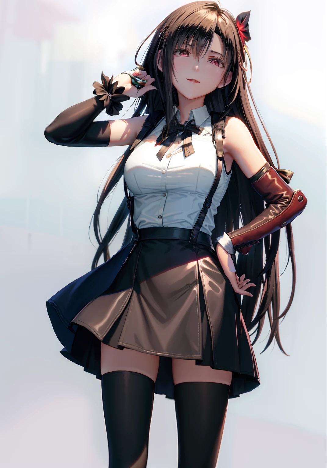 Masterpiece, Best quality,1girll, Solo, Long hair, Skirt, (Black hair:1.2),Pantyhose, Higasaka also, two sides up, shirt, Black skirt, White shirt, Church nun dress Open clothes, ribbon, Coat, Reflectors, view the viewer, White background, Blue eyes, Smile, Red coat, White vest, Long sleeves, Collared shirt, Black pantyhose, school uniform, bangs, vest, Simple background, standing, Brown hair, Closed mouth, Open coat,(kbxll:0)