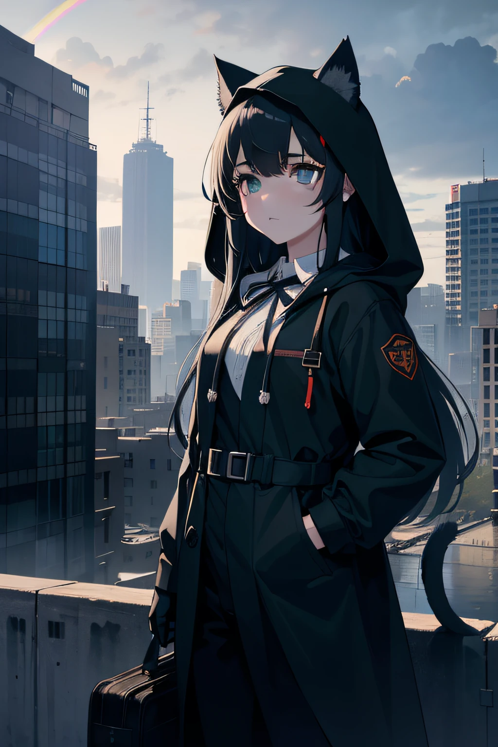 ((masterpiece)), (((best quality))), (ultra-detailed:1.5), ((illustration)), ((disheveled hair)),(1girl)，solo,ambiguous gender，animal ears，artist name，black footwear，black gloves ，black pants，black ribbon，blood，blood from eyes，blood from mouth，blood on clothes，bloodonface，blue coat，blue hair，boots，building，bulletproof vest，cat ears，cattail，caution tape，A broken building,character name，city，cityscape，cloud，cloudy sky，coat，corpse，crane (machine),crystal，cuts，eyelashes，gloves，green eyes，grey coat，hood，hood down，hood up，hooded coat，impaled，injury，keep out，ladder，leg ribbon，lightning，long hair，looking up，mask， meteor,open clothes，open coat，outdoors，pants，parted lips，railing，rain，ribbon，rooftop，sidelocks，sky，skyscraper， tail，very long hair,(Heavy rains)，Negative prompt,Smooth reflection, (specular reflection), (delicate and delicate face:1.5),The residual eaves DuanBi,Dark tonal,(Iridescence and rainbow eyes),backlight