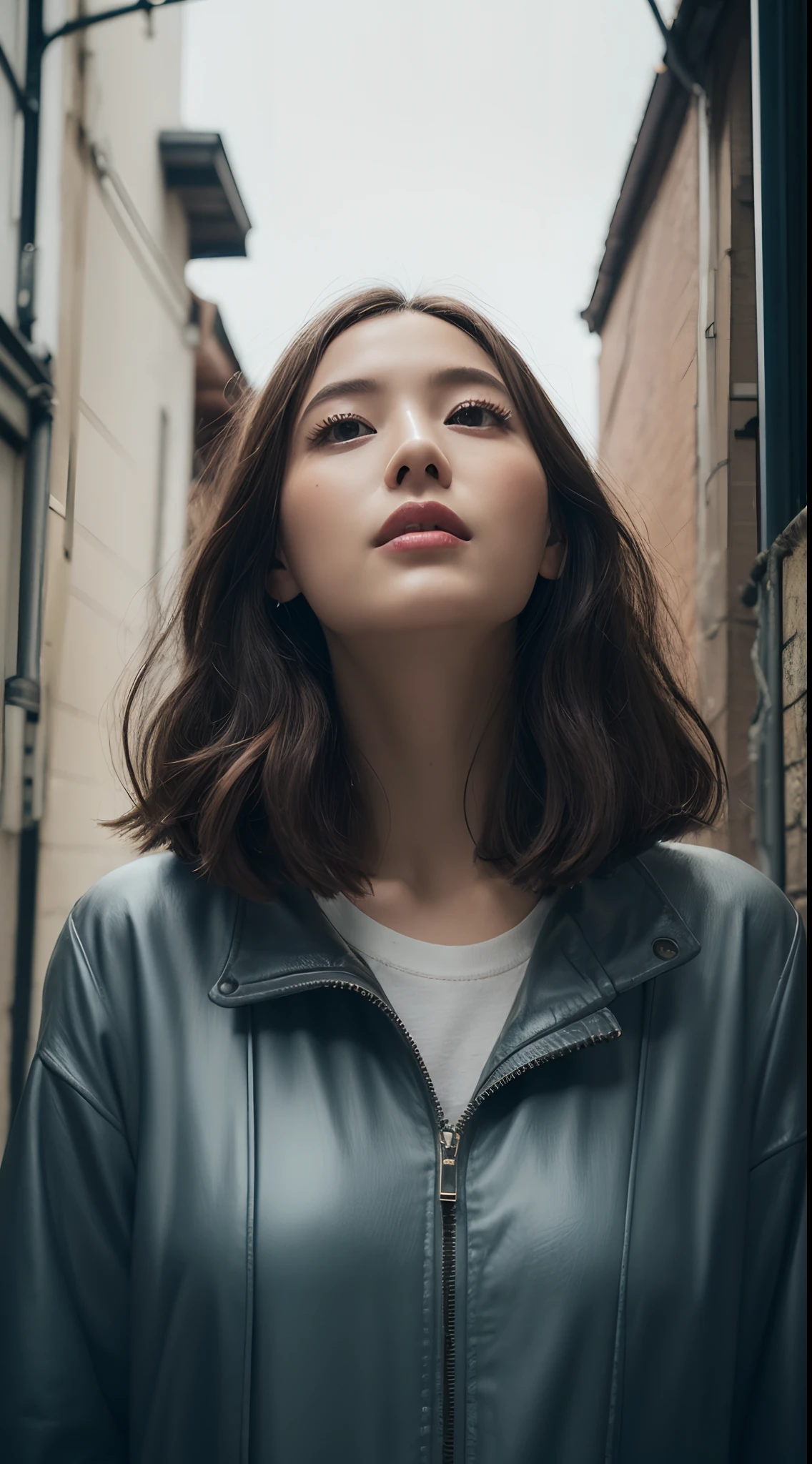 (top-quality、masterpiece:1.2)、Nikon Z 85mm、foco nítido、proffesional、Photoreal Stick、real life、extremely detailed 8K、erfect artwork、Beautiful delicate face details、Detailed four fingers and thumb、A detailed eye、big eye、1人の女性、30-year-old woman with、(rainy day:1.2)、foggy、(alleyway:1.2)、(look up sky:1.2)、(full bodyesbian:1.2)、