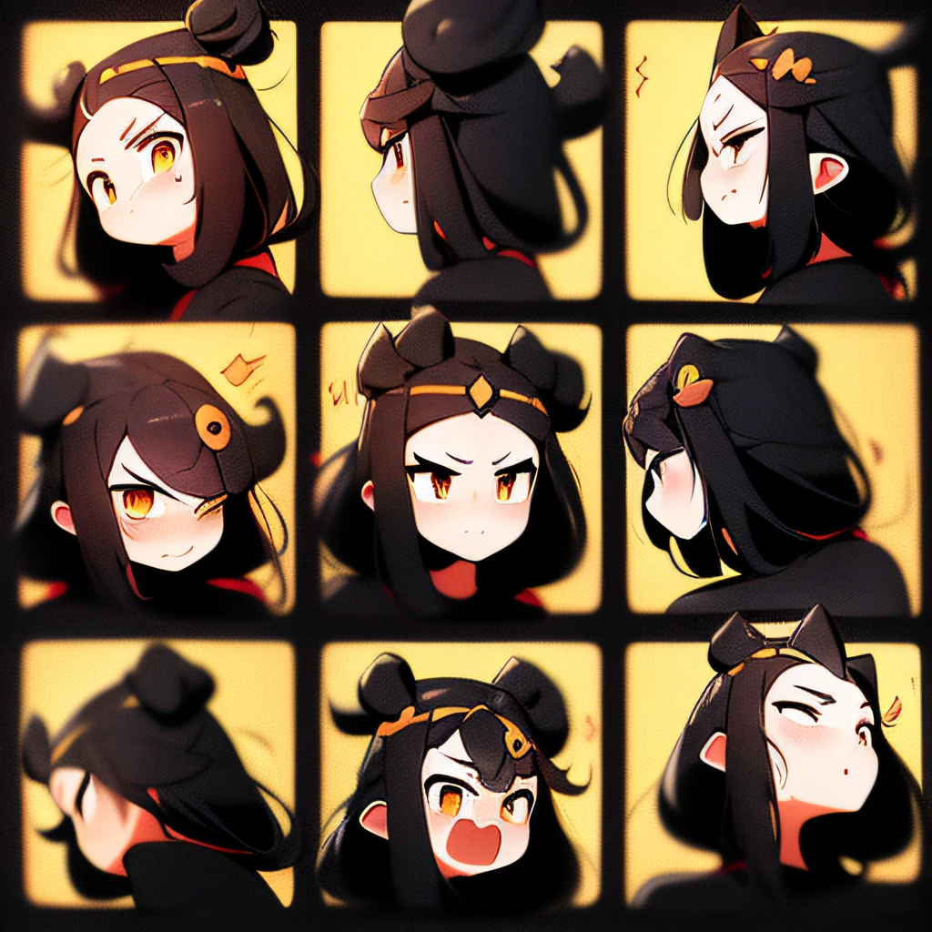 Flat avatar， 1 dragon， 9 image matrix arrangement，9 emoji packs，9 poses and expressions，Long horns on the head，minimal style，Black strokes，differentemotions， head portrait， simple backgound