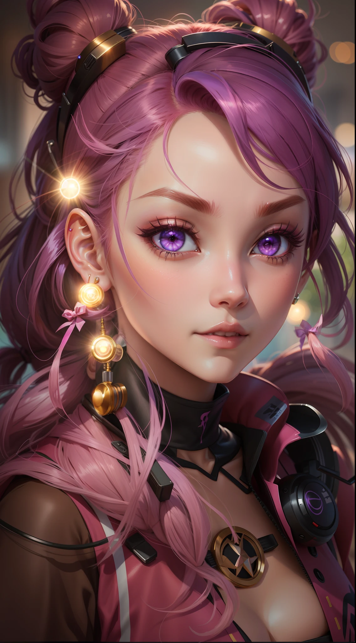 Anime girl with pink hair and purple eyes with a bow, arte de anime digital detalhada, Modelo IG | Artgerm, Arte no estilo de Guweiz, Artgerm extremamente detalhado, Retrato de Jinx de Arcane, retrato Artgerm, 8k arte detalhada de alta qualidade, arte digital estilo anime, 8K Artgerm Bokeh