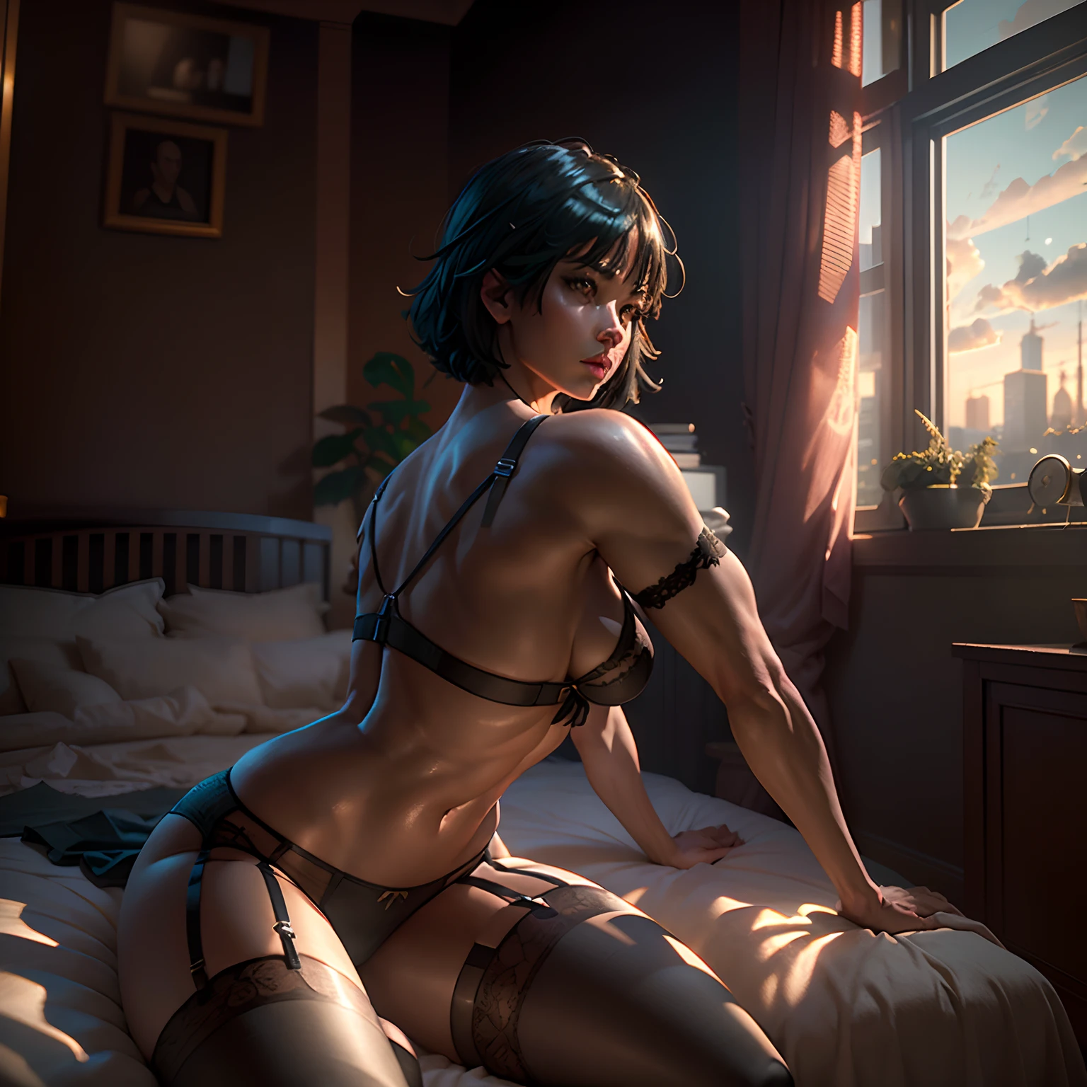 masterpiece, alluring bedroom scene:1.2), (Fubuki from One Punch Man:1.2), (standing at her 170 centimeters height and weighing 55 kg with perfectly distributed weight:1.2), (athletic and well-defined physique:1.2), (medium-sized and firm breasts, perfectly round buttocks:1.2), (in a spacious room next to a bed:1.1), (wearing only a small black lingerie with a garter belt:1.5), (her body illuminated by the sunset's light streaming through the bedroom window, accentuating her curves:1.3), (capturing her from behind as she slightly arches her back, looking over her shoulder:1.5), (an epic shot that captures the essence of the moment:1.5) Hyper-detailed, insane details, Beautifully color graded, Unreal Engine, DOF, Super-Resolution,Megapixel, Cinematic Lightning, Anti-Aliasing, FKAA, TXAA, RTX,SSAO,Post Processing, Post Production, Tone Mapping, CGI, VFX, SFX, Insanely detailed and intricate , Hyper maximalist, Hyper realistic, Volumetric, Photorealistic, ultra photoreal, ultra- detailed, intricate details,8K, Super detailed , Full color, Volumetric lightning, HDR, Realistic, Unreal Engine, 16K, Sharp focus. Octane render