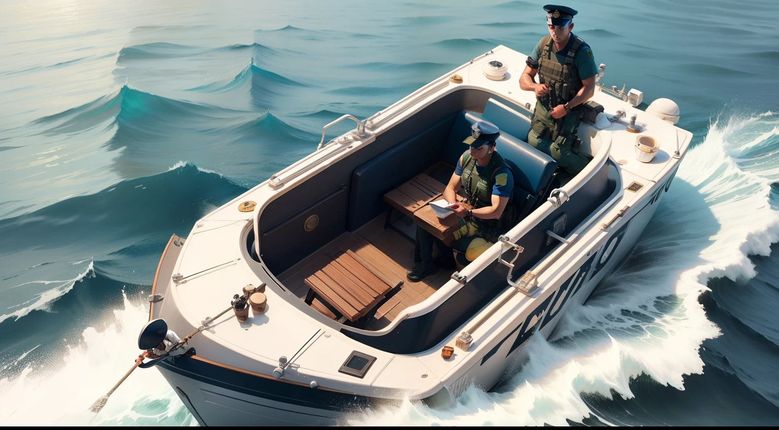 Illustrations of naval security personnel in a small rescue boat"