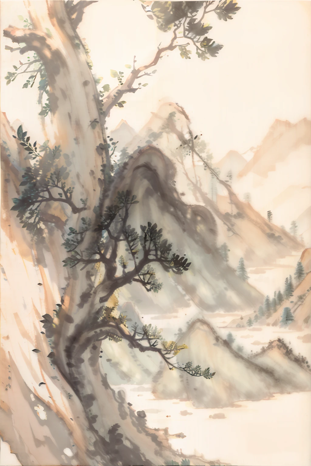 There is a tree in the picture,The trunk is engraved with traces of time,The leaves gradually turn yellow,Mountains loom in the distance,