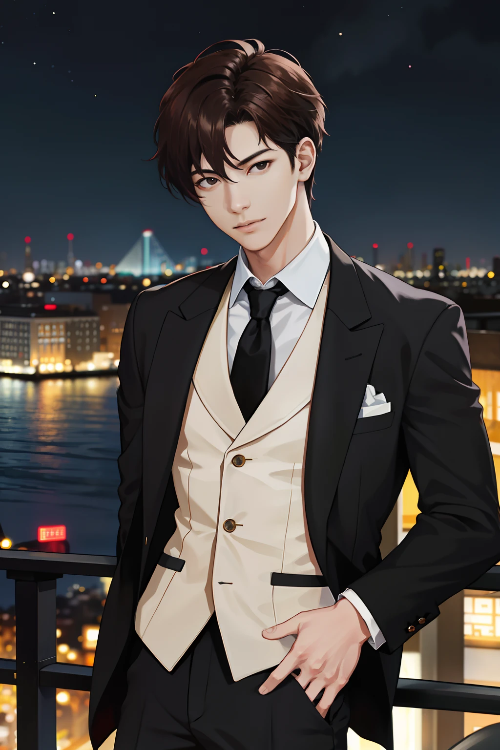（A high resolution，ultra - detailed，realisticlying，），1 male，独奏，20yr old，Lidhead of the pot，brunette color hair，Black eyes，Angular chin，blazer jacket，natta, deep colour, Night view city background, The upper part of the body