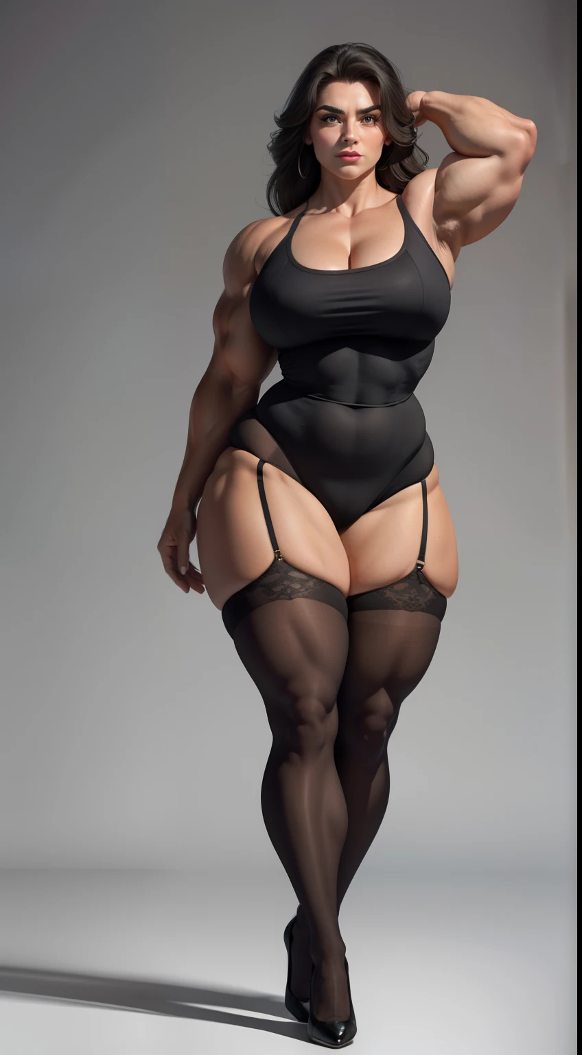 tmasterpiece,finely detailled,Burly woman,Exaggerated large muscles,black lence stockings,Pointed-toe heels, (Full body like:1.1),standing on your feet, Beautiful and charming female face, Single female,Very fair skin,Very broad shoulders, Strong and powerful arms,Stout arms,Strong and powerful leg muscles,thick leg,Very thick calves,long leges,looking to the camera