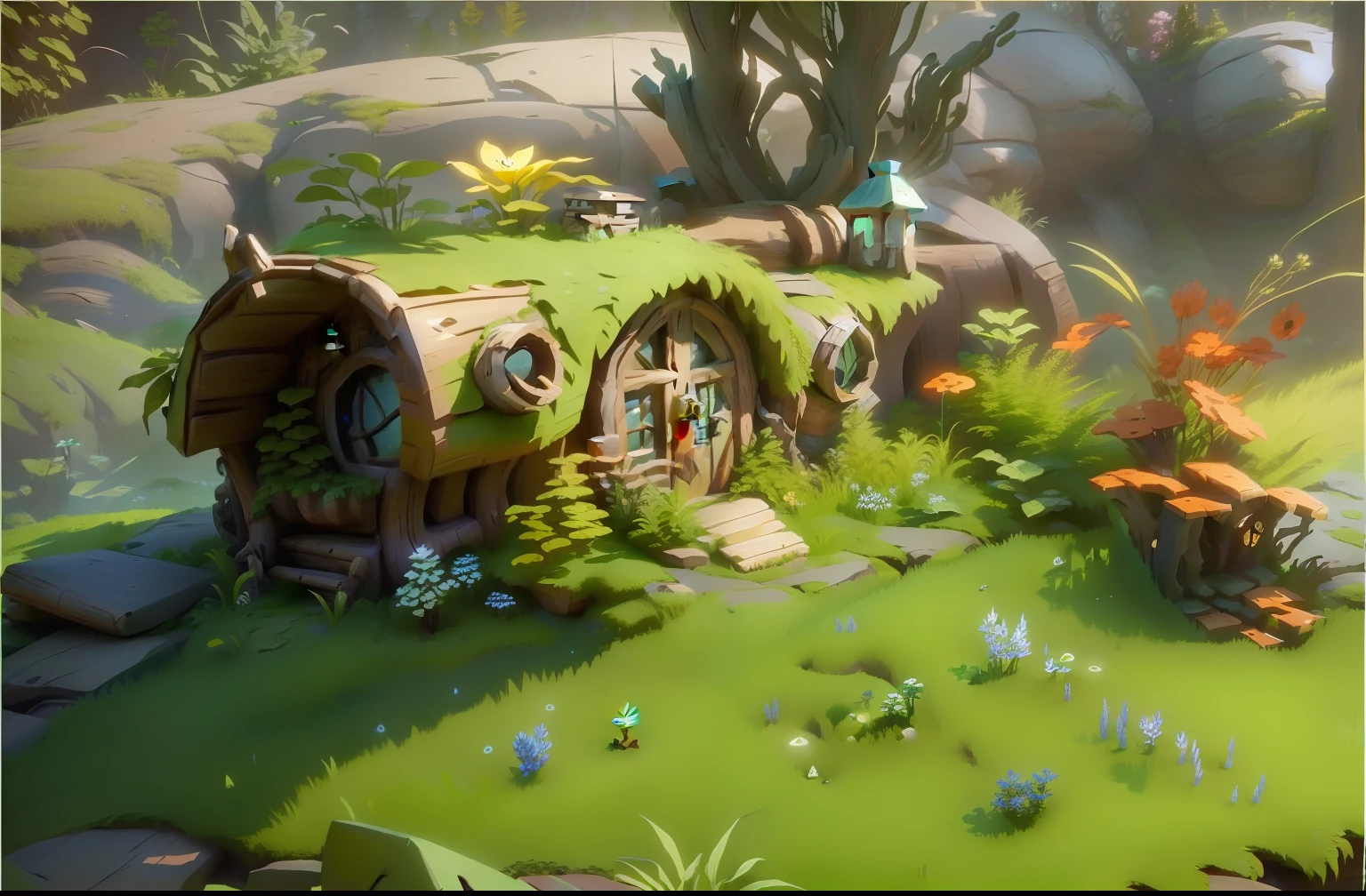 There is a small house made of logs and grass, stylized 3d render, 3 d render stylized, stylized as a 3d render, 3 d stylize scene, Stylized concept art, fantasy style 8 k octane render, Stylized game art, cute 3 d render, environment artist, elves house, lush garden spaceship