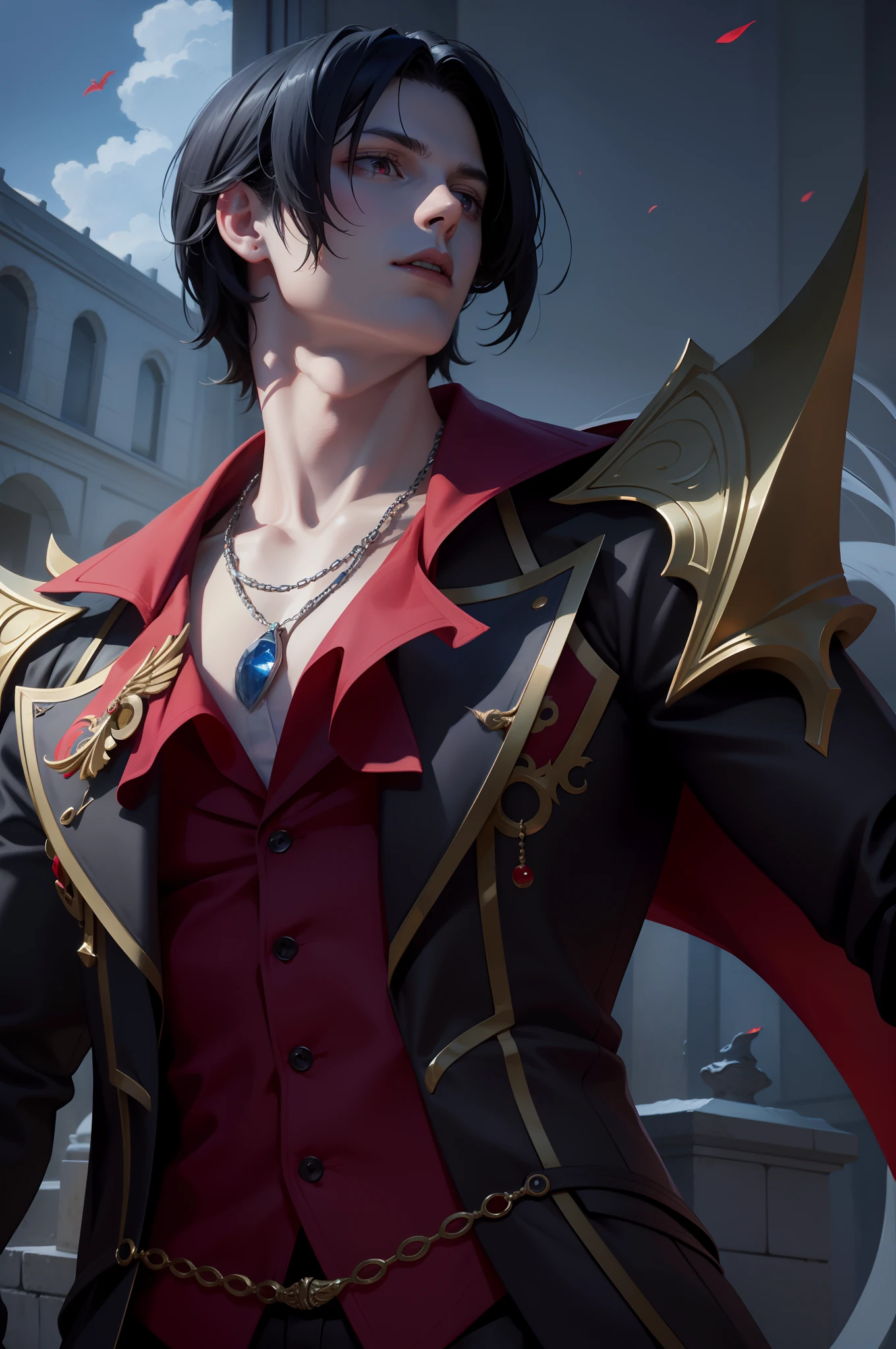 Attractive profile picture, masterpiece, ultra-precise rendering, beautiful and cool young man, trustworthy, dependable young man, savior of the world, simple design, most beautiful image, 4K, dracula suit, red eyes.