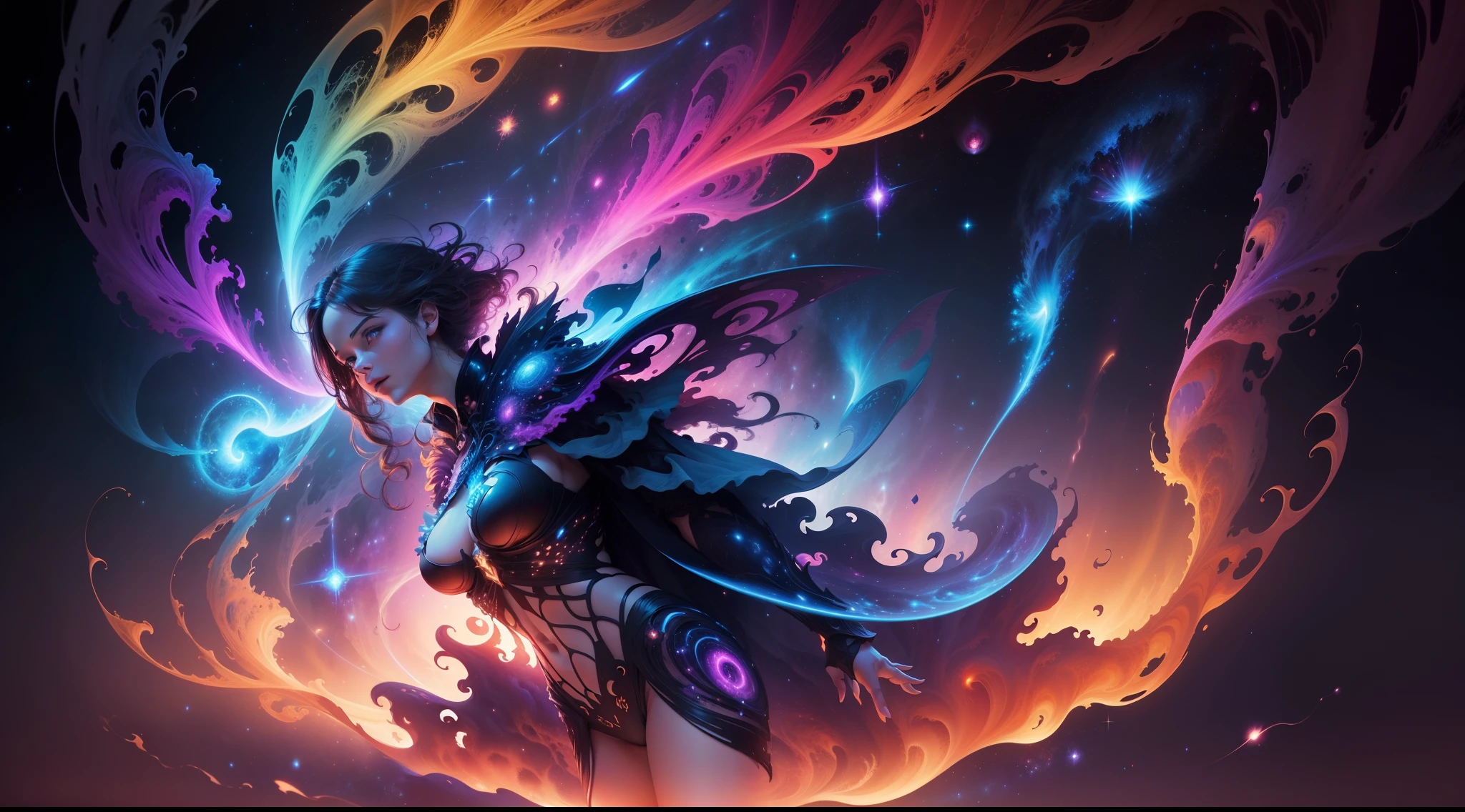 inconceivable and spectacular a scene of emergence of a figure from the glowing cloud, fractal nebula threads, cosmic entities, celestial, cosmic, vibrant and vivid, swirls, twirling, unrealistic, high contrast, symobolism, magical, mystical, mystifying, hyperrealistic, oversaturate, colorfully