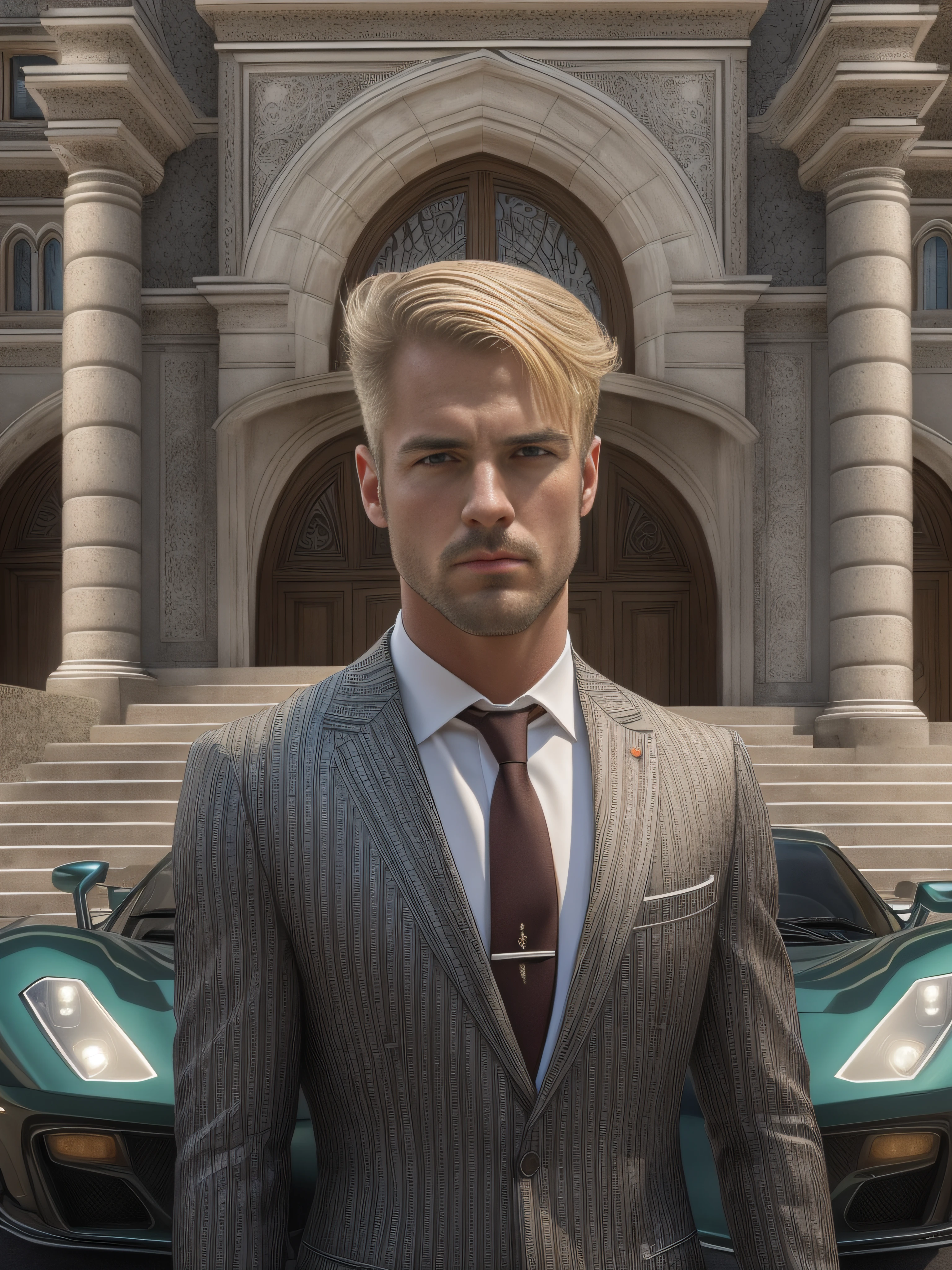 full shot,(symmetry),centered,a real man brutal blond athletic build, against the backdrop of a medieval castle and a ferrari car in front of the front door,a very thin white man with short hair,wearing a classic three-piece suit,35mm,natural skin,clothes detail, 8k texture, 8k, insane details, intricate details, hyperdetailedhighly detailed,realistic,soft cinematic light,HDR,sharp focus, ((((cinematic look)))),intricate, elegant, highly detailed,Jerry Gionis style ,hyperphotorealism
