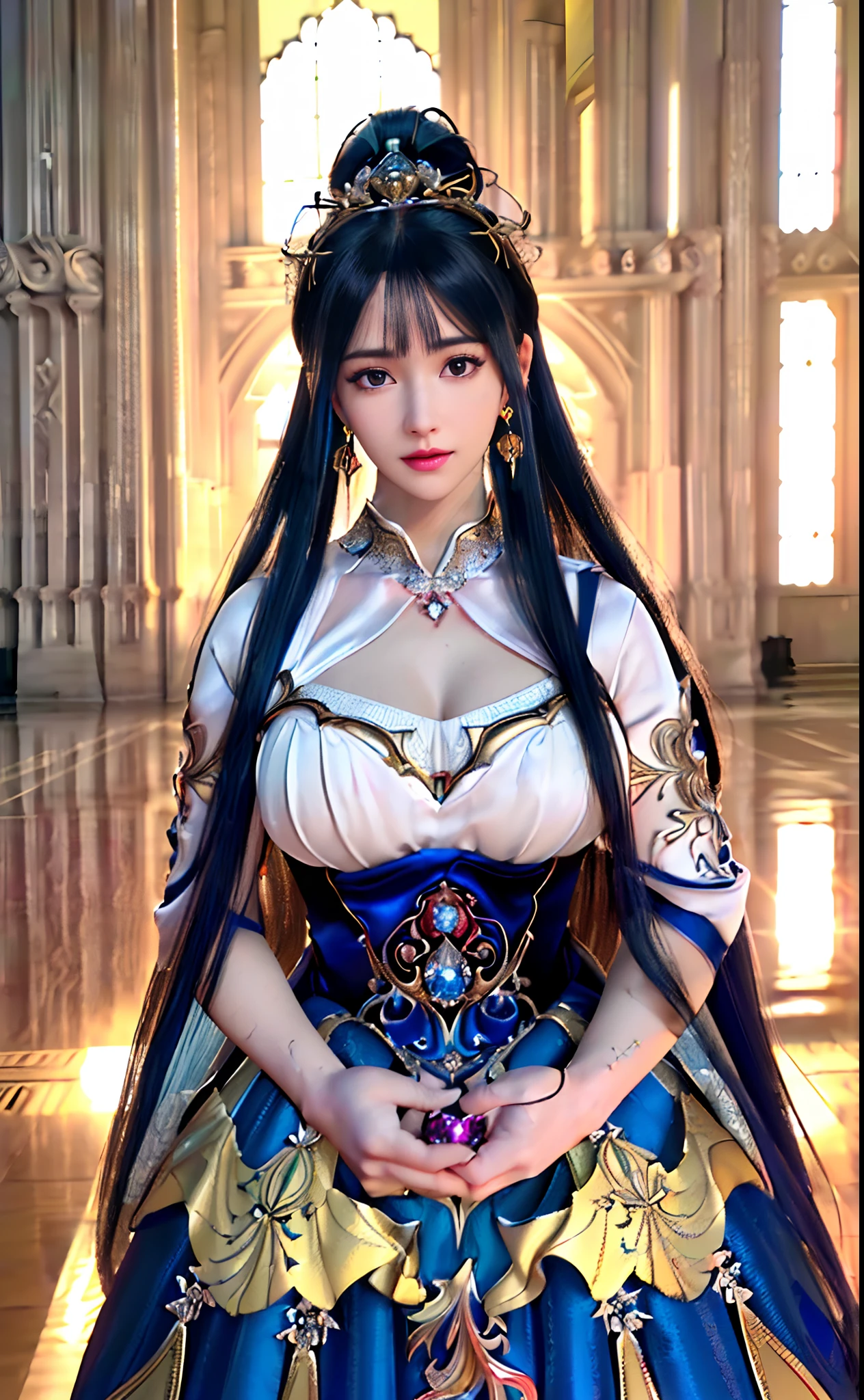 ((realisticity: 1.2)), ((realistic: 8K UHD)), ((best resolution: 8K UHD)), hyper detailed, best quality,masterpiece,highres,cg,
((1 hyper detailed and hyper realistic girl)), ((very beautiful queen dazzling, hyper realistic, and hyper detailed)),((white skin, beautiful, smooth, youthful, hyper realistic and hyper detailed
)), ((Hyper beautiful face, white, hyper realistic and hyper detailed)), long hair, ((hyper realistic and hyper detailed dress)), solo, ((hyper realistic, hyper beautiful, gorgeous and hyper detailed jewelry)), ((hyper beautiful, hyper realistic and hyper detailed dark red and golden yellow dress)),
((Hyper beautiful, hyper realistic, hyper detailed diamond filled earrings)),
  ((Hyper beautiful, hyper realistic and hyper detailed diamond filled hair ornament)), ((hyper beautiful upper body, hyper beautiful, hyper 
 realistic and hyper detailed)), ((big breasts: 2.5)), 
((Hyper grand, hyper realistic and hyper detailed royal palace backgroun))
((Hyper beautiful, hyper beautiful, hyper realistic and hyper detailed hair bun)), ((hyper beautiful, hyper realistic and hyper detailed blue hair)),
candid, Photograph, high resolution, 8k,Bokeh,