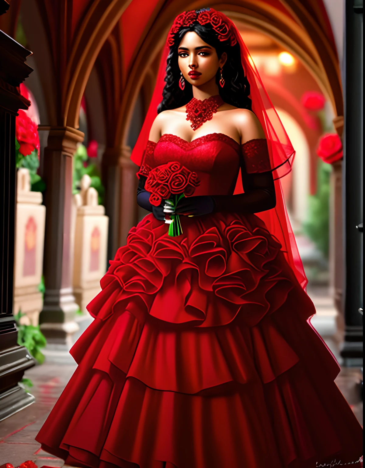 1. The enigmatic beauty delicately held a red rose, her black dress flowing like a river of passion. 2. A sense of mystery surrounded the figure, adornado com rosas vermelhas e vestindo um elegante conjunto preto . 3. Funny r, The woman stood up with a red rose in her hand, seus traje uma mistura cativante de preto e rendas. 4. In the realm of abstraction, It arose in a beautiful place in the cemetery , her costumes an impressive combination of red roses and long dress in shades of black and red.