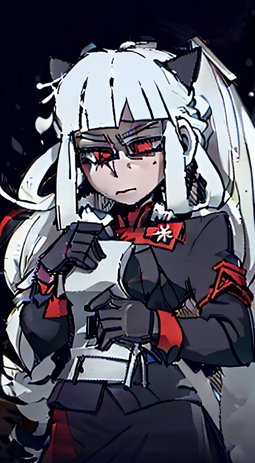 (down view)Girl Long white hair Blue water spirit eyes Black and red military uniform Cat's ears Pistol in hand White gloves Standing in the snow It's snowing Looking at the sky Medal pinned to his chest