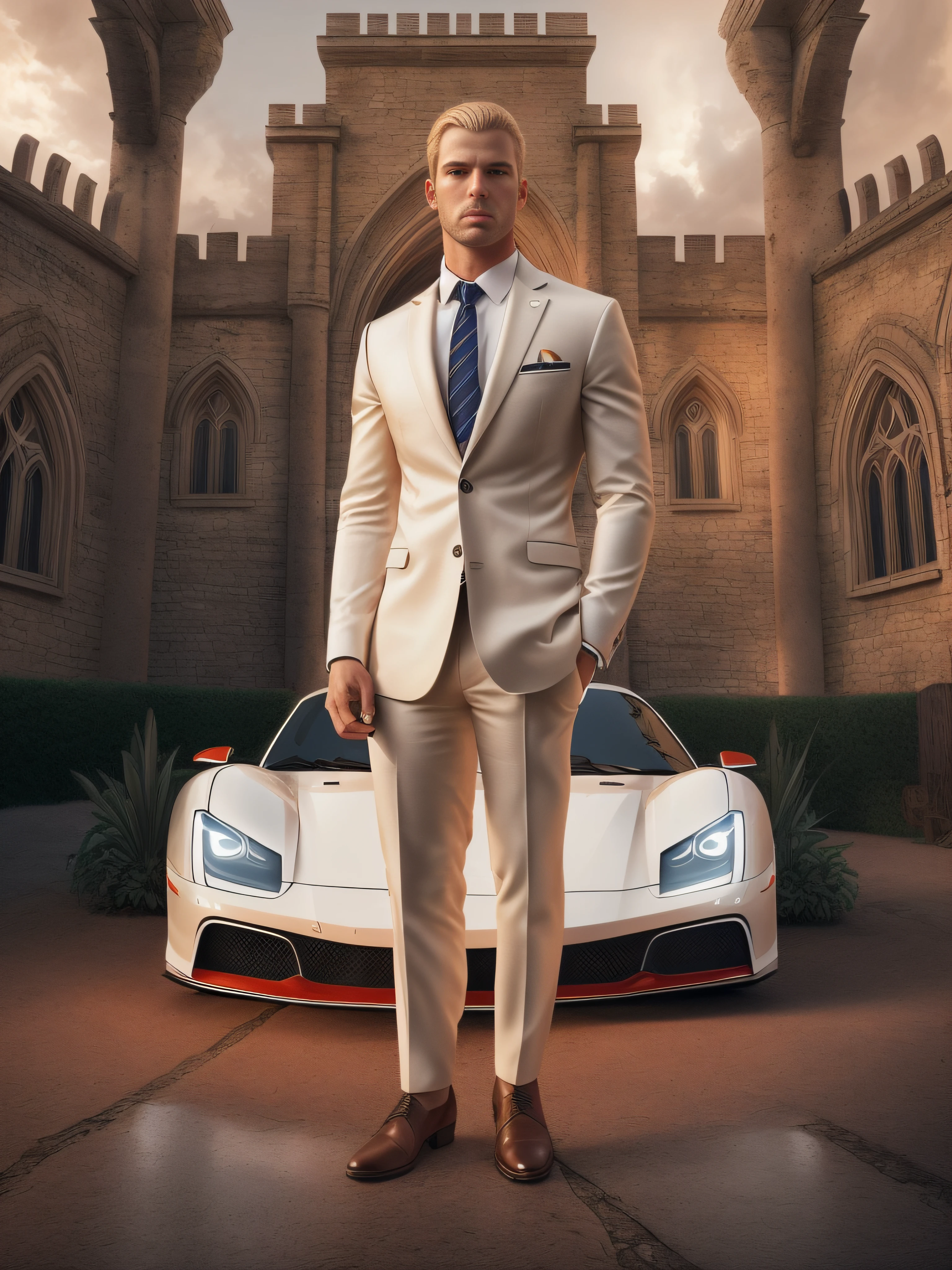 full shot,(symmetry),centered,a real man brutal blond athletic build, against the backdrop of a medieval castle and a ferrari car in front of the front door,a very thin white man with short hair,wearing a classic three-piece suit,35mm,natural skin,clothes detail, 8k texture, 8k, insane details, intricate details, hyperdetailedhighly detailed,realistic,soft cinematic light,HDR,sharp focus, ((((cinematic look)))),intricate, elegant, highly detailed,Jerry Gionis style ,hyperphotorealism