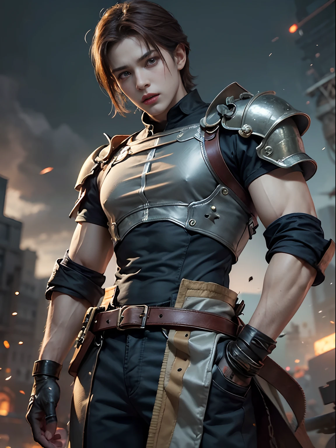 1 man, with golden eyes, patroling on mission, stern expression, handsome, with very short red hair (slicked back hairstyle) and a white shirt, handsome and muscular guy in demon slayer art, mechanic machine cyborg fusion, gear strive graphics, realistic, dynamic pose, realistic, detailed and correct facial structure, blades ornaments, attractive, LEON S. KENNEDY, cinematic lighting, unreal engine, trending on ArtStation, intricate details, masterpiece, best quality, by Irakli Nadar, Greg Rutkowski，(((best quality))),(((ultra detailed))),(((masterpiece)))