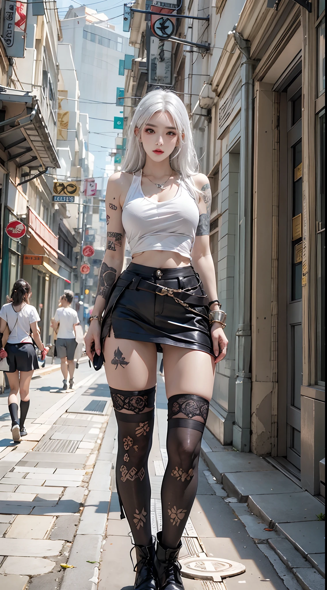 photorealistic, high resolution, 1women, solo, hips up, look at viewer, (detailed face), white hair, street wear, skirt, thighhighs, tattoo, jewelry