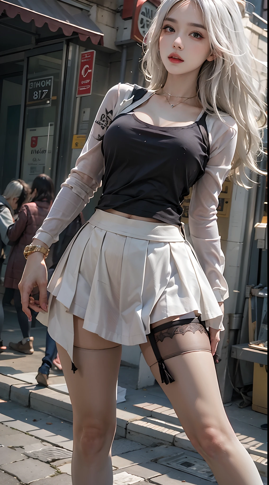 photorealistic, high resolution, 1women, solo, hips up, look at viewer, (detailed face), white hair, street wear, skirt, thighhighs, tattoo, jewelry