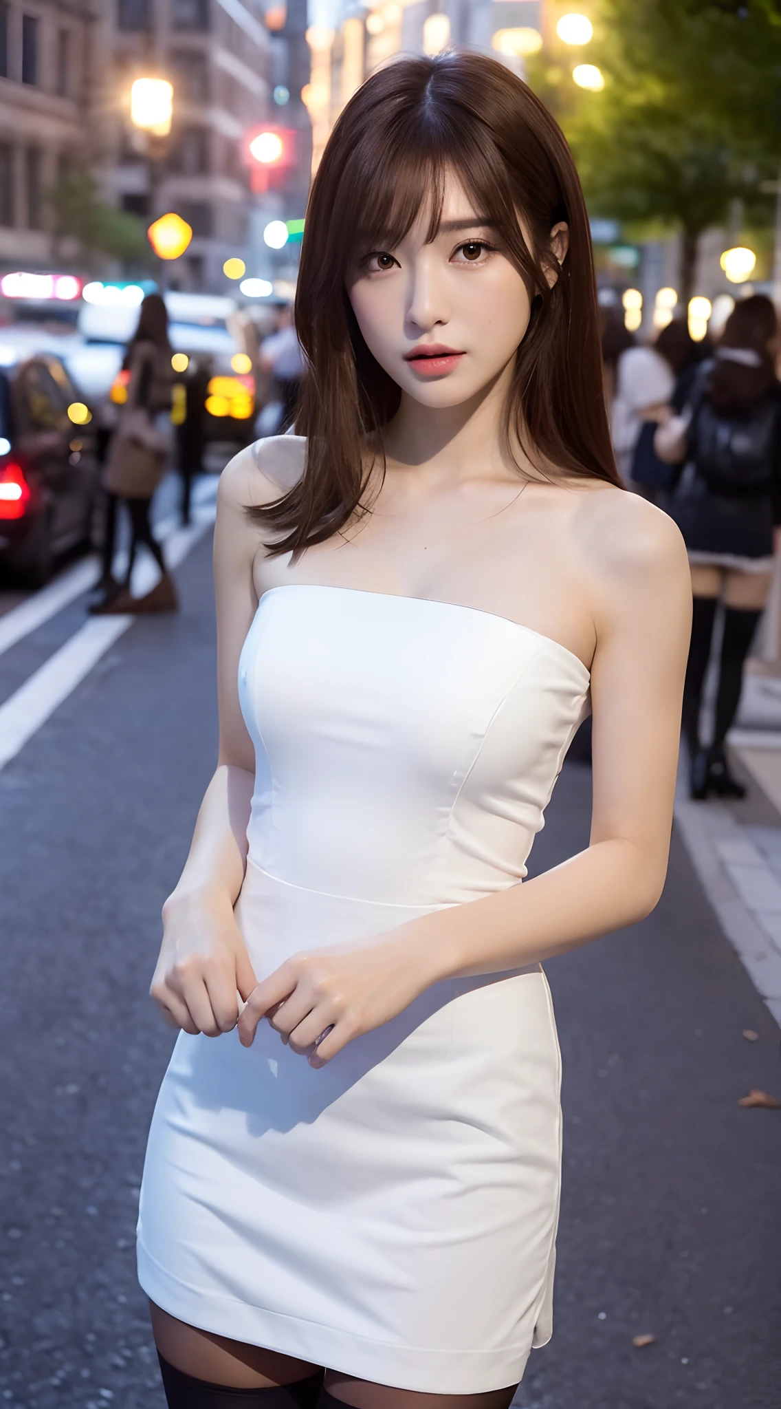 ((Realistic lighting, Best quality, 8K, Masterpiece: 1.3)), Clear focus: 1.2, 1girl, Perfect body beauty: 1.4, Slim abs: 1.1, ((dark brown hair)), (White dress: 1.4), (Outdoor, night: 1.1), City Street, Super Fine Face, Fine Eyes, Double Eyelids, (Over the knee black stockings: 1.5)