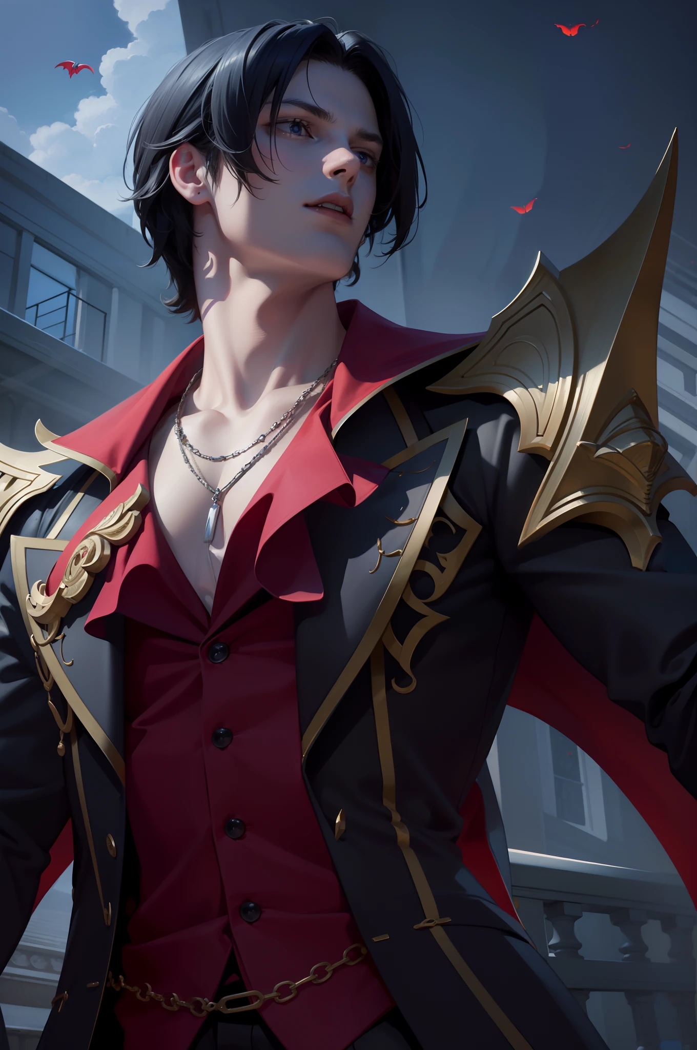 Attractive profile picture, masterpiece, ultra-precise rendering, beautiful and cool young man, trustworthy, dependable young man, savior of the world, simple design, most beautiful image, 4K, dracula suit, red eyes.