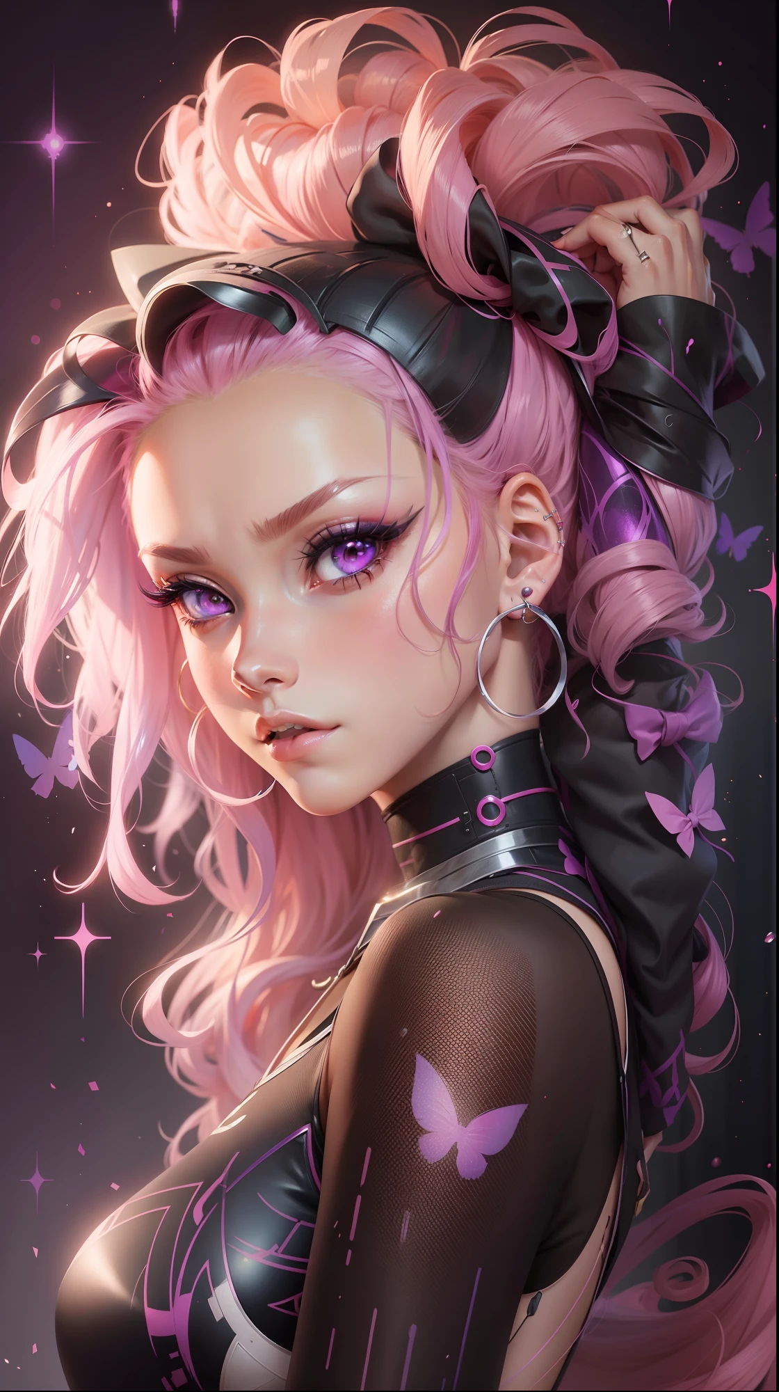 Anime girl with pink hair and purple eyes with a bow, arte de anime digital detalhada, Modelo IG | Artgerm, Arte no estilo de Guweiz, Artgerm extremamente detalhado, Retrato de Jinx de Arcane, retrato Artgerm, 8k arte detalhada de alta qualidade, arte digital estilo anime, 8K Artgerm Bokeh