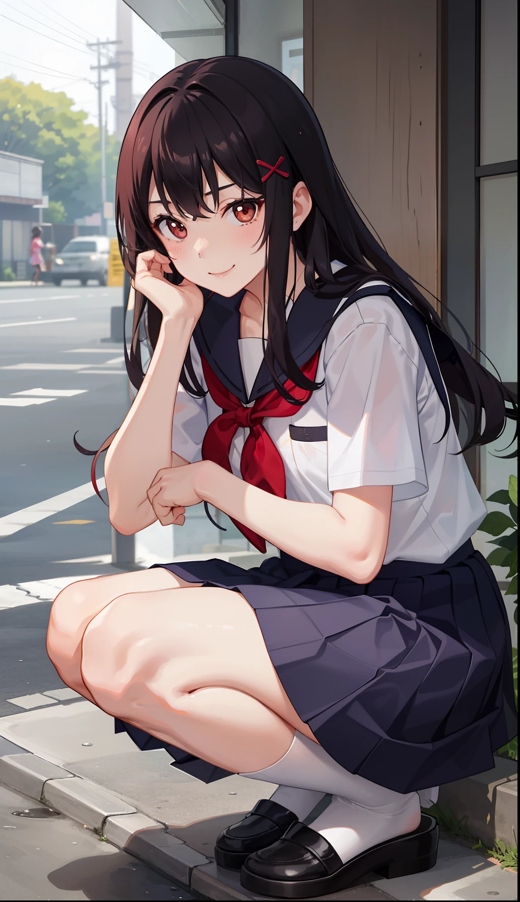 1girl in、A smile、The shirt、skirt by the、(small tits)Chilarism、Japan High School Student Uniform、serafuku、summer clothing、Squall Drenched Uniform、(Sheer Bra)、Upper body portrait、Squatting panchira、