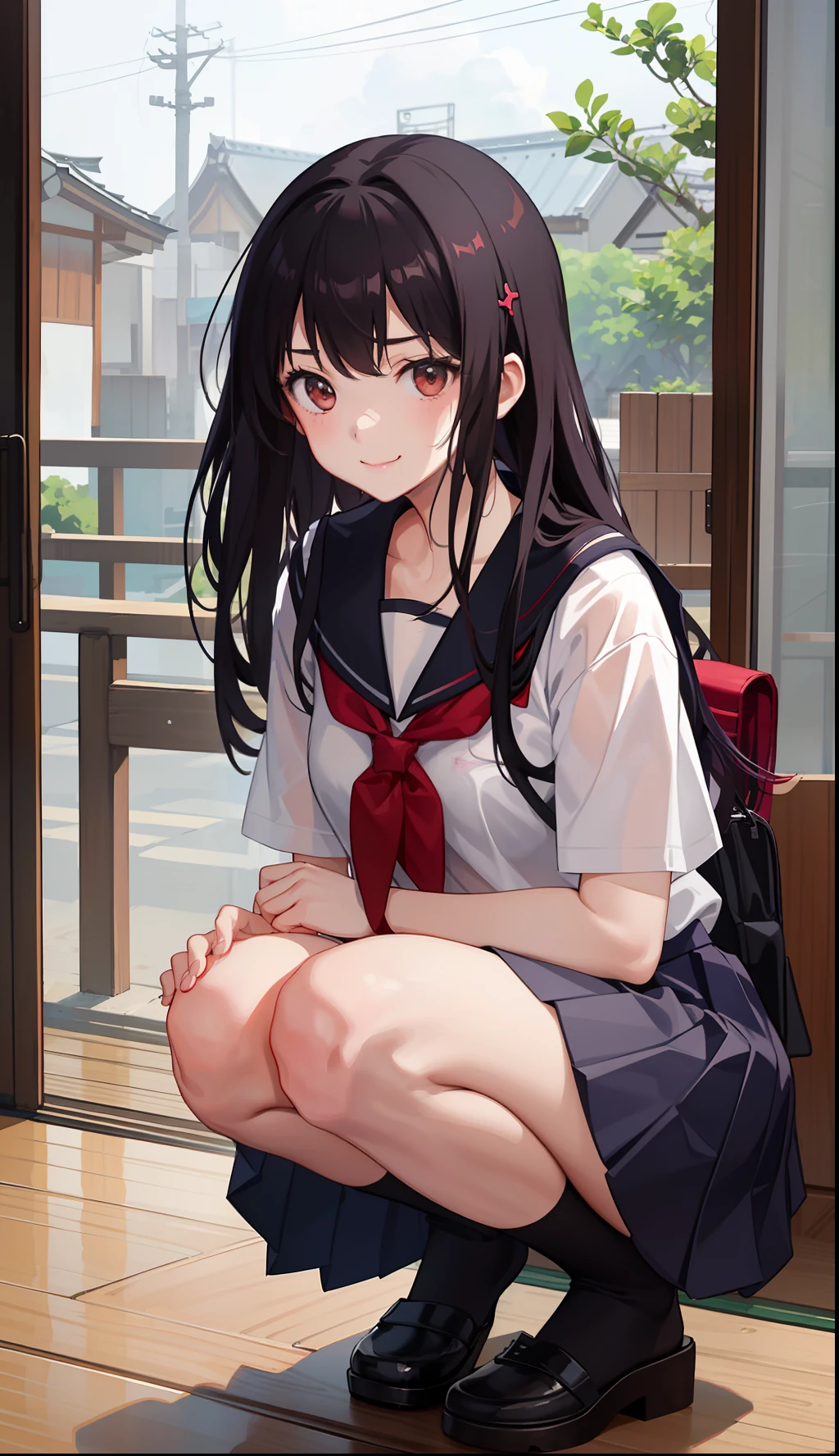 1girl in、A smile、The shirt、skirt by the、（small tits）Chilarism、Japan High School Student Uniform、serafuku、summer clothing、Squall Drenched Uniform、（Sheer Bra）、Upper body portrait、Squatting panchira、