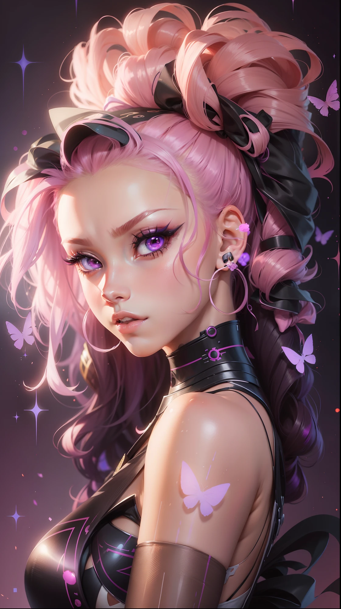 Anime girl with pink hair and purple eyes with a bow, arte de anime digital detalhada, Modelo IG | Artgerm, Arte no estilo de Guweiz, Artgerm extremamente detalhado, Retrato de Jinx de Arcane, retrato Artgerm, 8k arte detalhada de alta qualidade, arte digital estilo anime, 8K Artgerm Bokeh