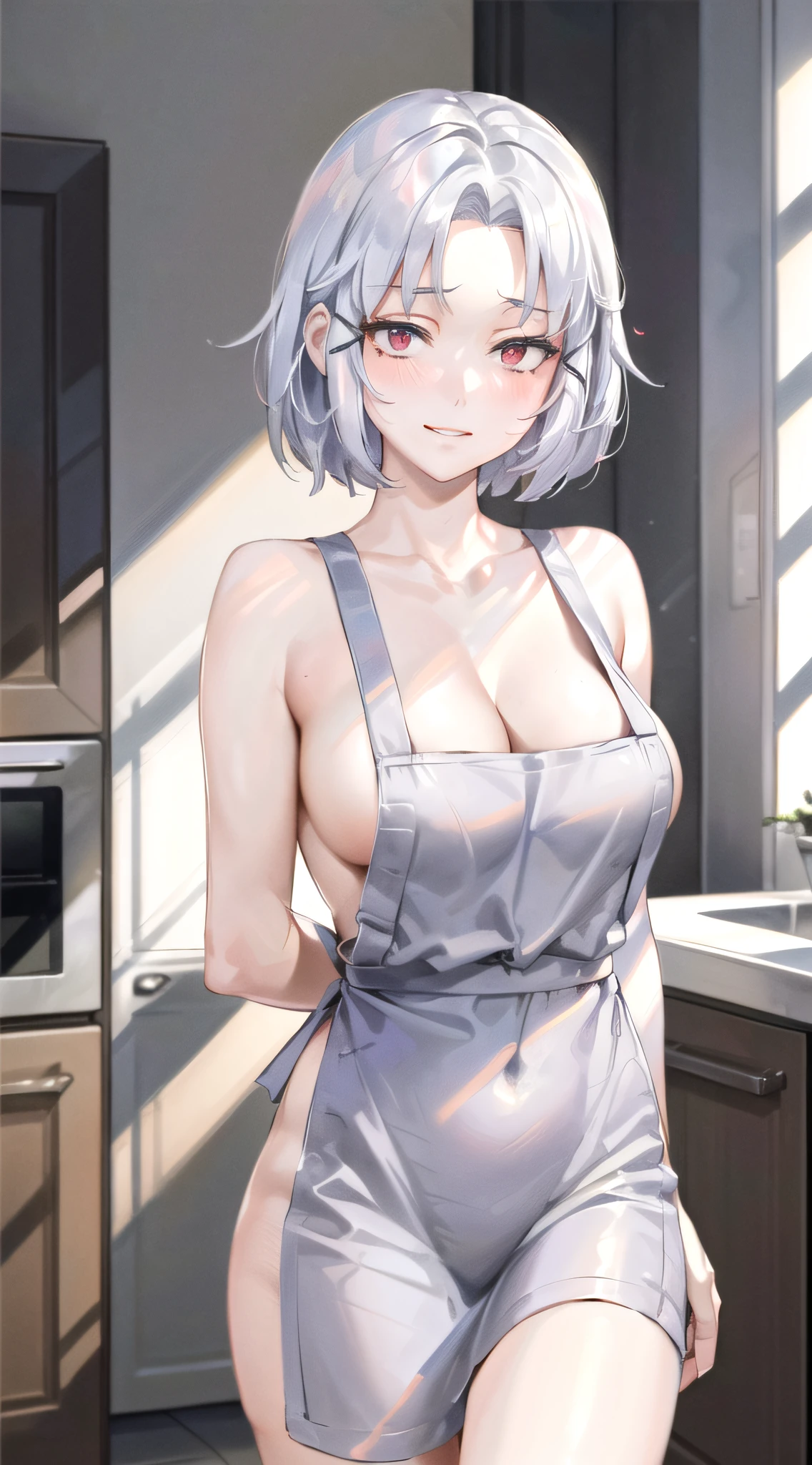 ((((masterpiece, best quality, high resolution)))), 1girl, white hair, red eyes, bob cut, wavy hair, average breasts, blush, light smile, parted lips, glow, thighs, bare shoulders, collarbone, narrow waist, cleavage, (masterpiece), (beautiful detailed face, beautiful detailed eyes), (naked apron, kitchen, arms behind back,)