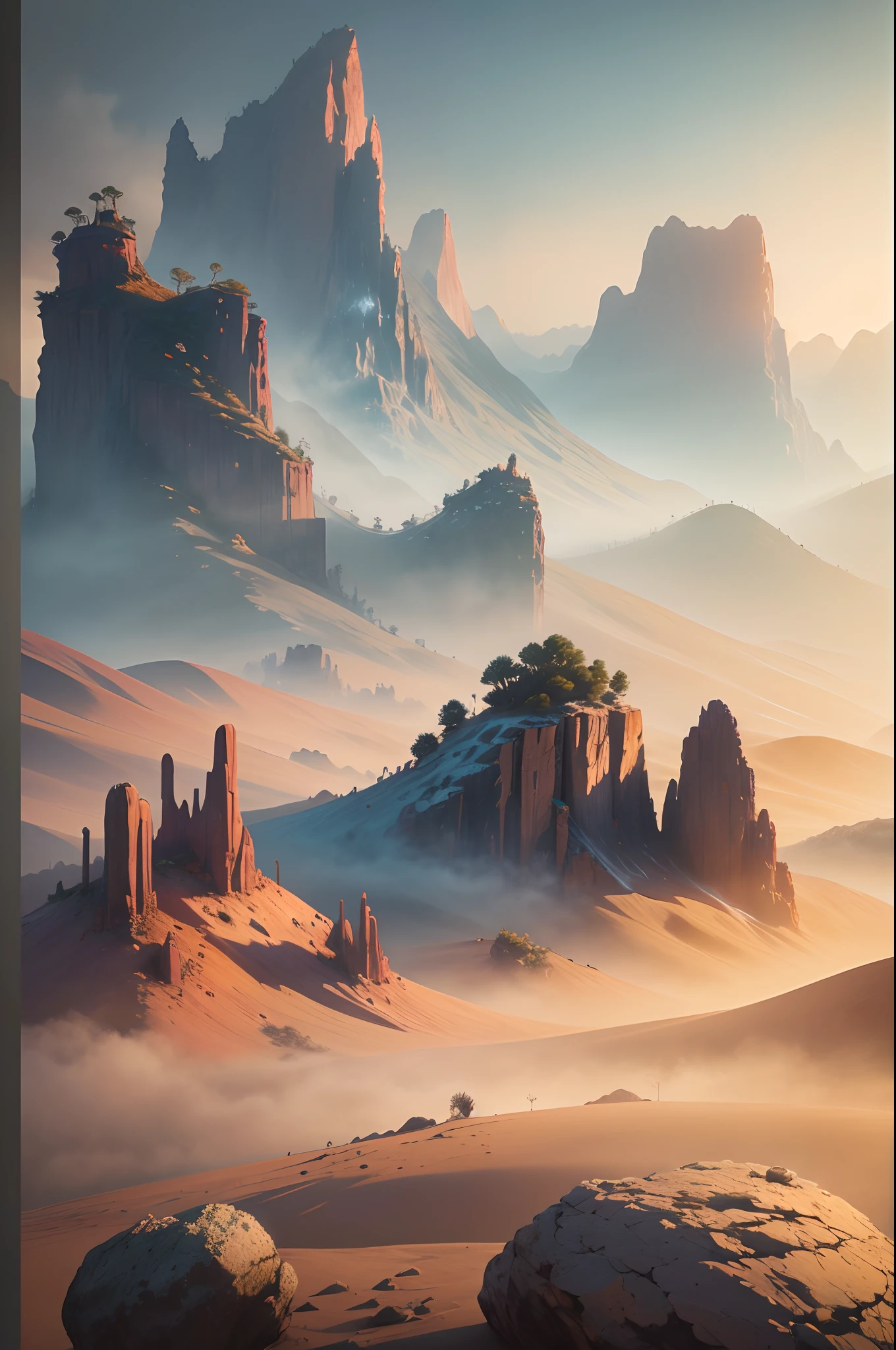 Fantasy Desert, Desert Mountain, Abstract, Mystical landscape (Masterpiece, Best Quality, High Quality, Highres:1.4), Detailed, Extremely Detailed, Ambient Soft Lighting, 4K,Blurry, Blurry Background, Depth of Field, Bokeh, DOF, Fog, Bloom Outdoors, (Nature, fantasy Desert:1.2), (Rocks:1.2),