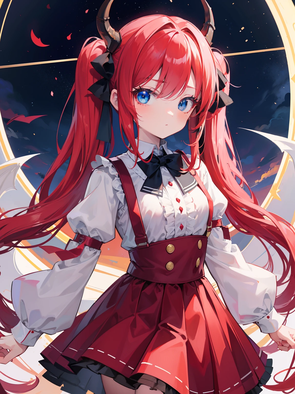 {{best quality}}, {{masterpiece}}, {{ultra-detailed}}, {illustration}, {detailed light}, red hair,blue eyes,twintails,lolita,Suspenders skirt,Fantastic,loli,solo,Dragon horns,little girl,long hair