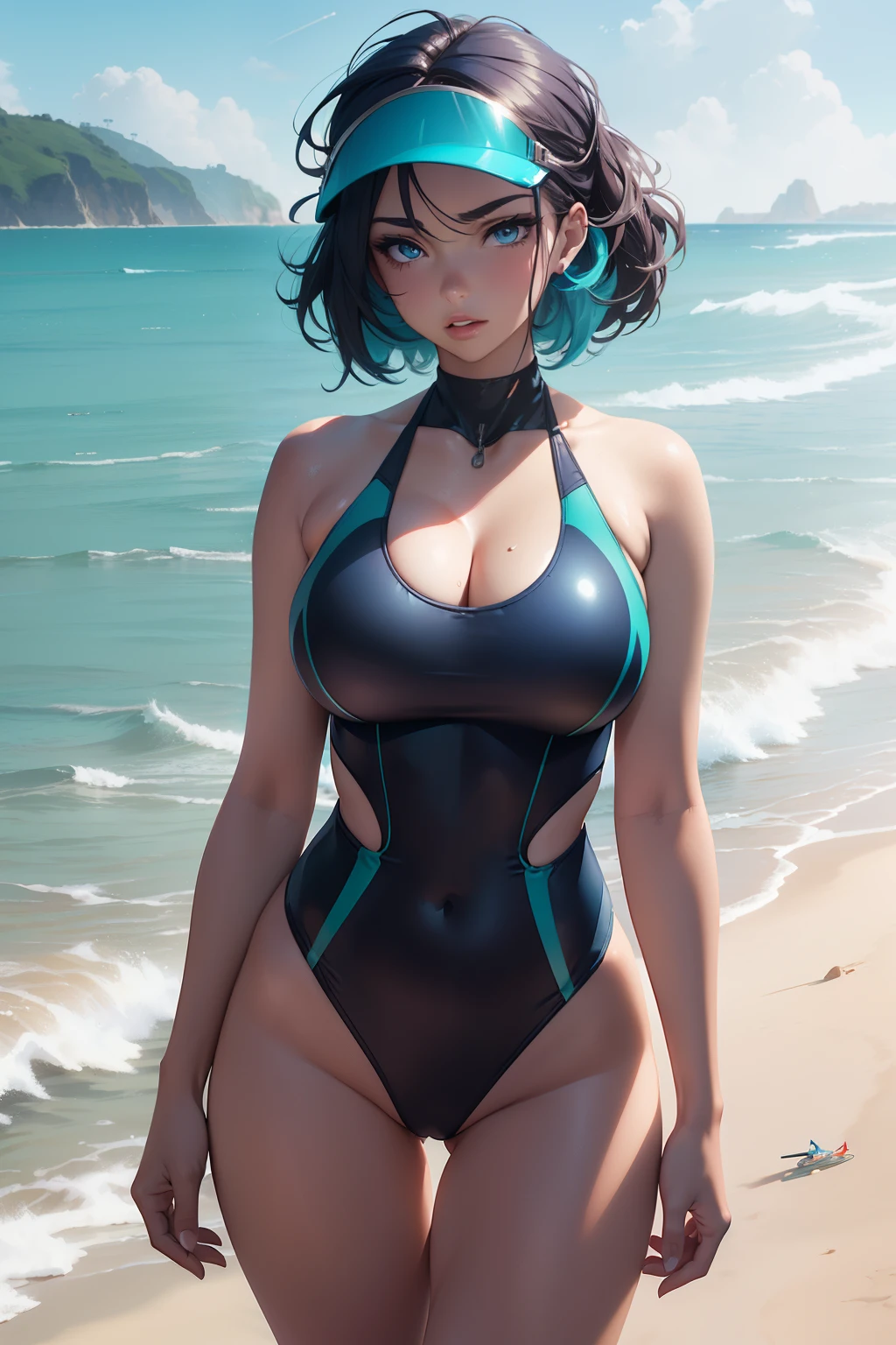 (masterpiece, best quality), photorealistic, cinematic, anime girl, ((vibrant and futuristic metallic two-piece swimsuit with matching visor:1.5)), ((seaside background:1.4)), 1 girl, blue hair, ((beachy waves hair cut:1.5)), ((full-body shot:1.3)), head to toe visibility, perfect anatomy, curvaceous body, alluring, long round legs, ((large cleavage is showing:1.5)), ((parted lips:1.5)), blushing, perfect eyes, perfect hands, standing at the water's edge with one foot slightly in front of the other, creating a confident and poised stance, the model's body language should highlight the futuristic and vibrant nature of the outfit, a bold and confident expression, with a fierce or intense gaze that complements the metallic and futuristic theme, the model's expression can reflect a sense of empowerment and self-assuredness, extremely detailed Artgem, ig model, artgem, alena aenami and artgem, krenz cushart and artgem, artgem and atey ghailan